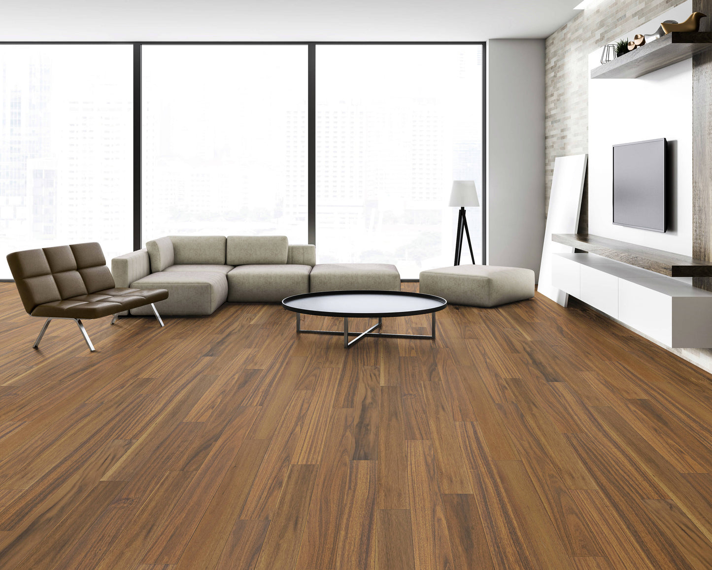 allen + roth Acacia Kuta hardwood flooring — installed room view