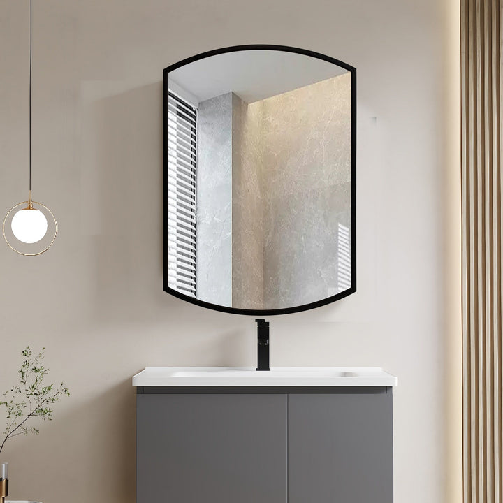 WELLFOR 16-in x 26-in Surface/Recessed Mount Black + Silver Mirrored Arched Soft Close Medicine Cabinet