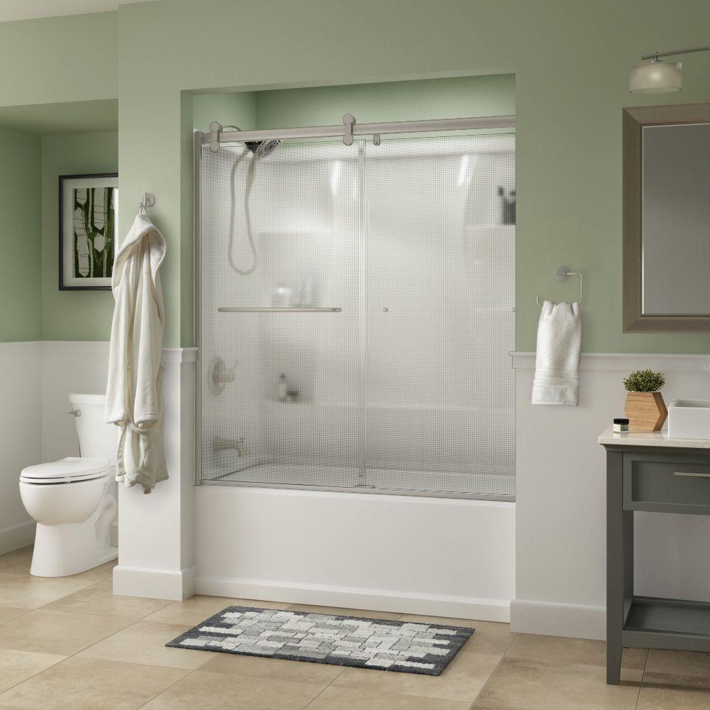 Simplicity 60 x 58-3/4 in. Frameless Contemporary Sliding Bathtub Door in Nickel with Transition Glass - Super Arbor