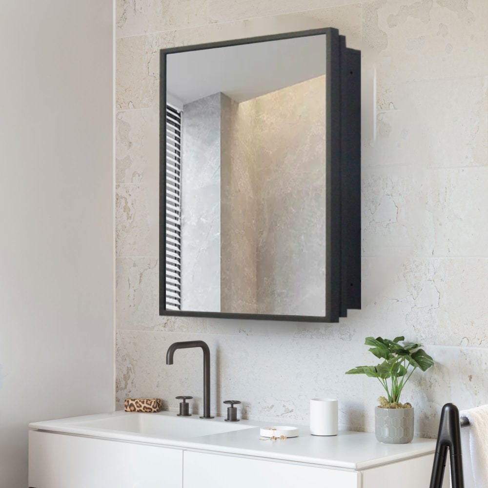 WELLFOR 16-in x 24-in Surface/Recessed Mount Black Mirrored Medicine Cabinet