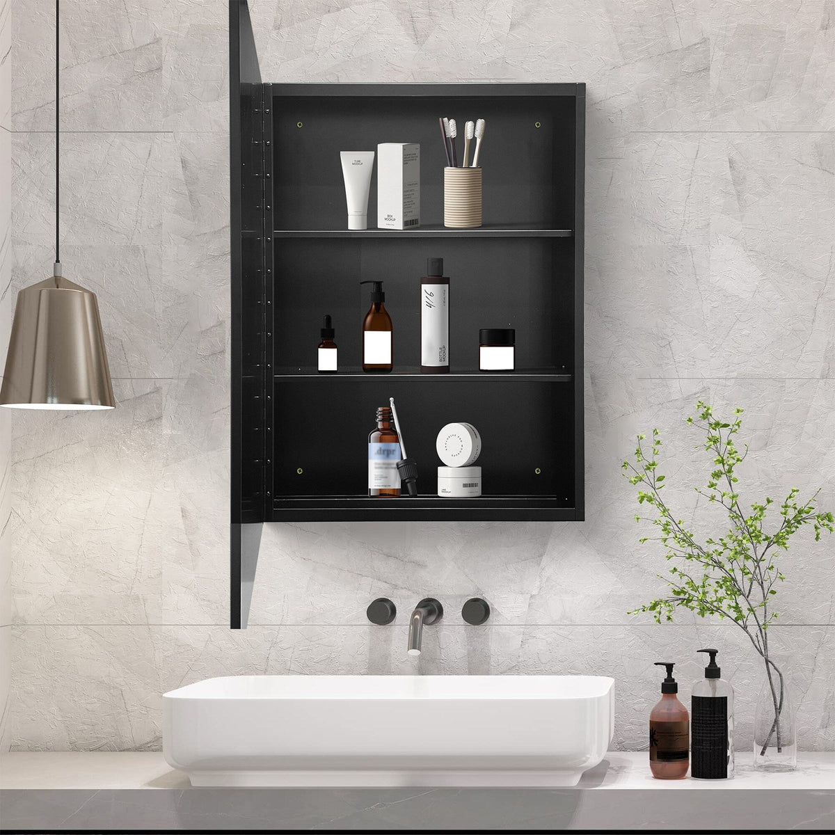 WELLFOR 16-in x 24-in Surface/Recessed Mount Black Mirrored Medicine Cabinet