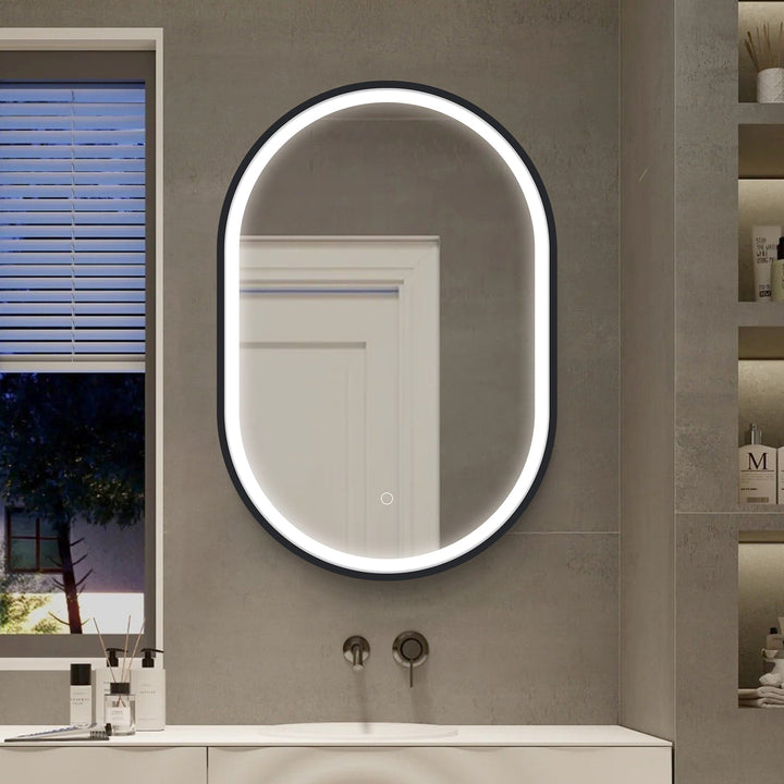 WELLFOR AO 21-in x 31-in Lighted LED Fog Free Surface Mount Black Mirrored Oval Soft Close Medicine Cabinet