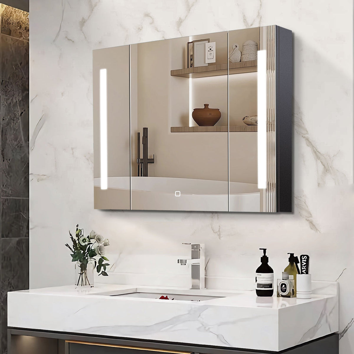 WELLFOR 36-in x 26-in Lighted LED Fog Free Surface Mount Black Mirrored Medicine Cabinet