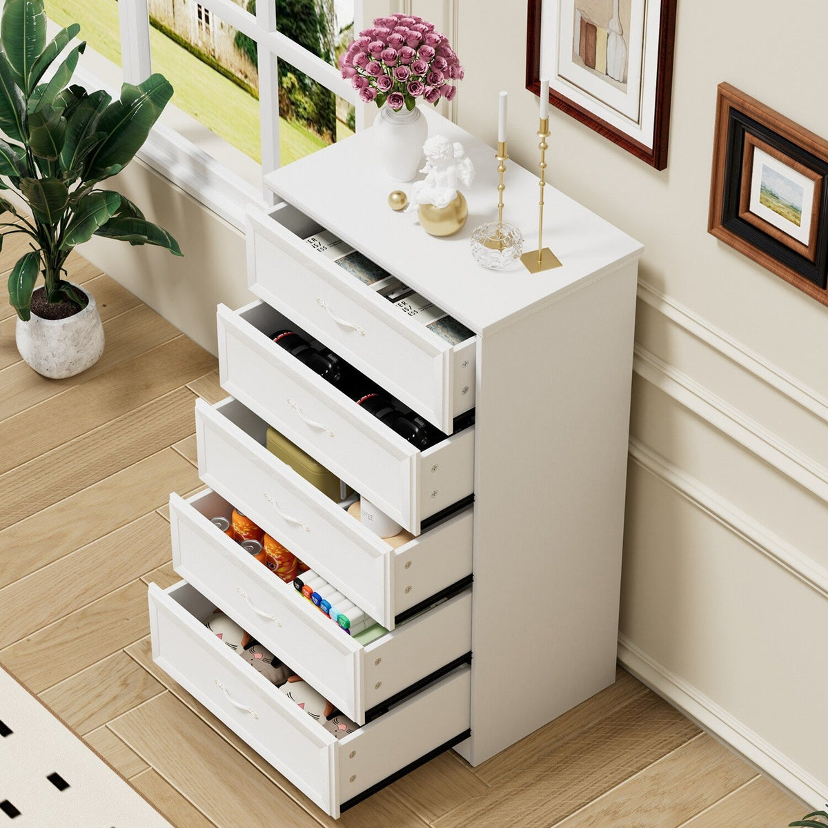 SINOFURN Traditional White Wood Accent Chest with Rattan Door Panels and Adjustable Shelves