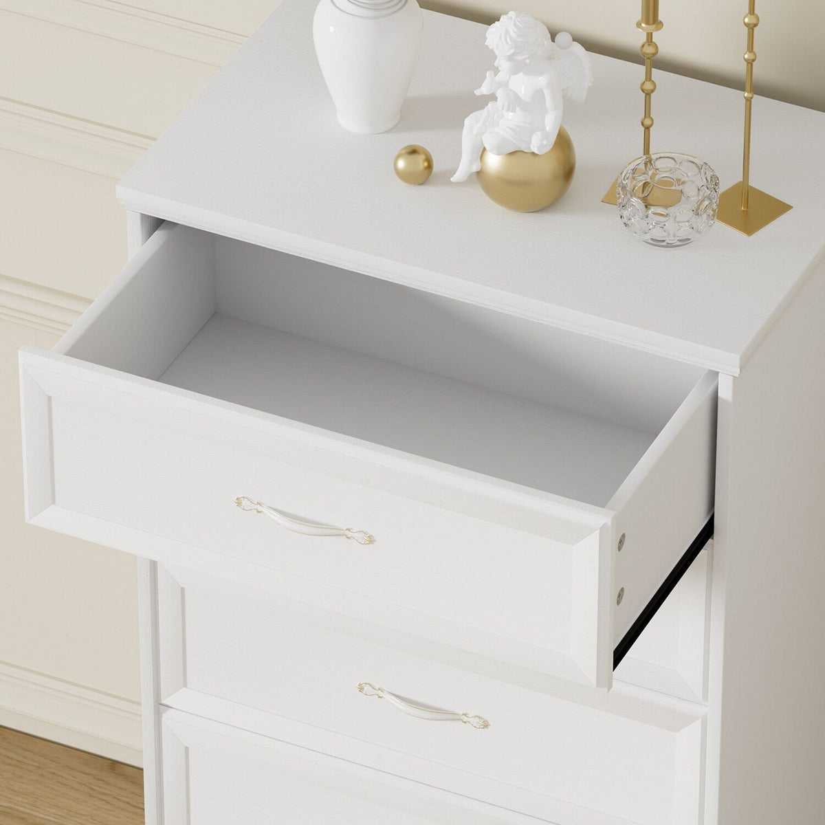 SINOFURN Traditional White Wood Accent Chest with Rattan Door Panels and Adjustable Shelves