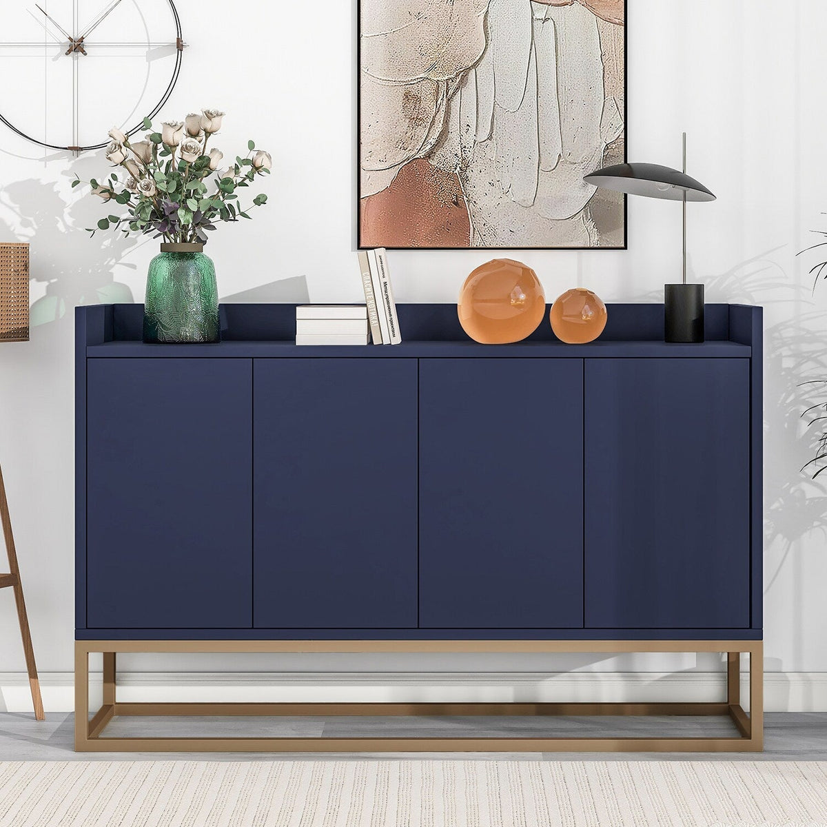 SINOFURN Rustic Light Brown Wood Sideboard with Bamboo Cabinet Body and Rattan Weave Detail