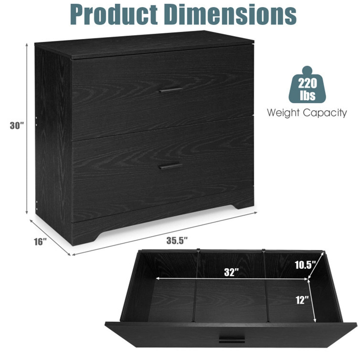 Mondawe Black 2-Drawer 35.5-in File Cabinet