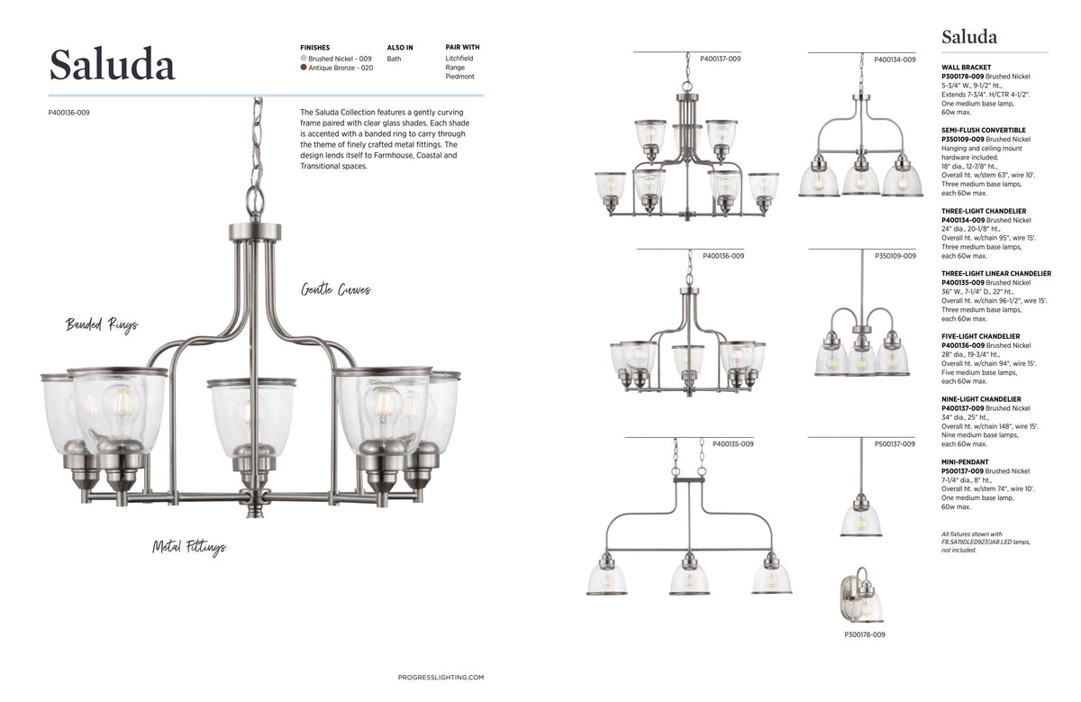 Progress Lighting Saluda 3-Light Brushed Nickel Transitional Chandelier