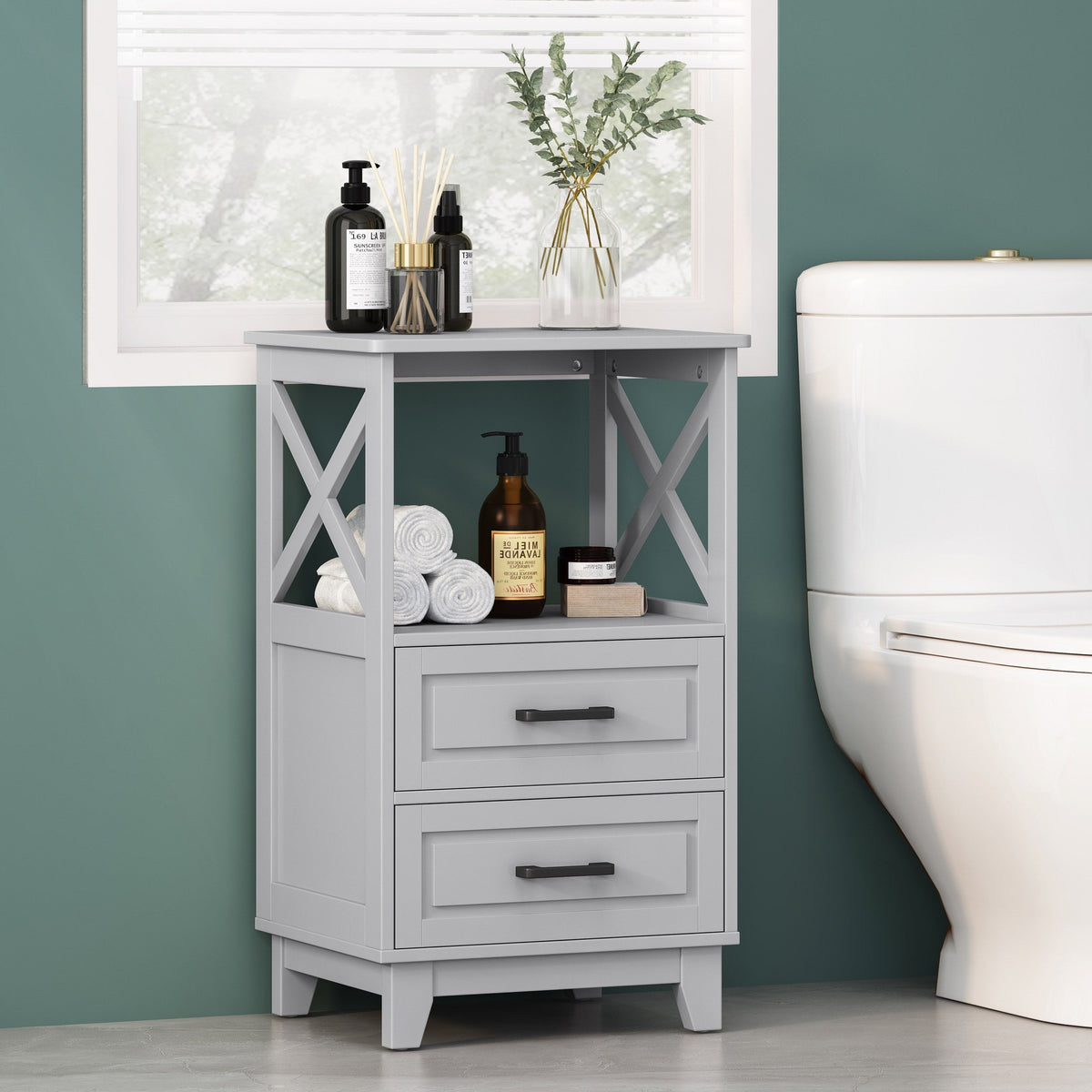 Siavonce Modern Gray Freestanding 2-Drawer Linen Cabinet with Open Shelf