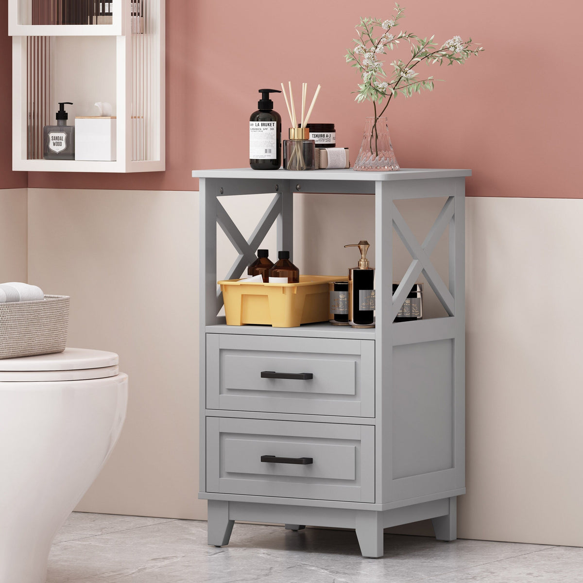 Siavonce Modern Gray Freestanding 2-Drawer Linen Cabinet with Open Shelf