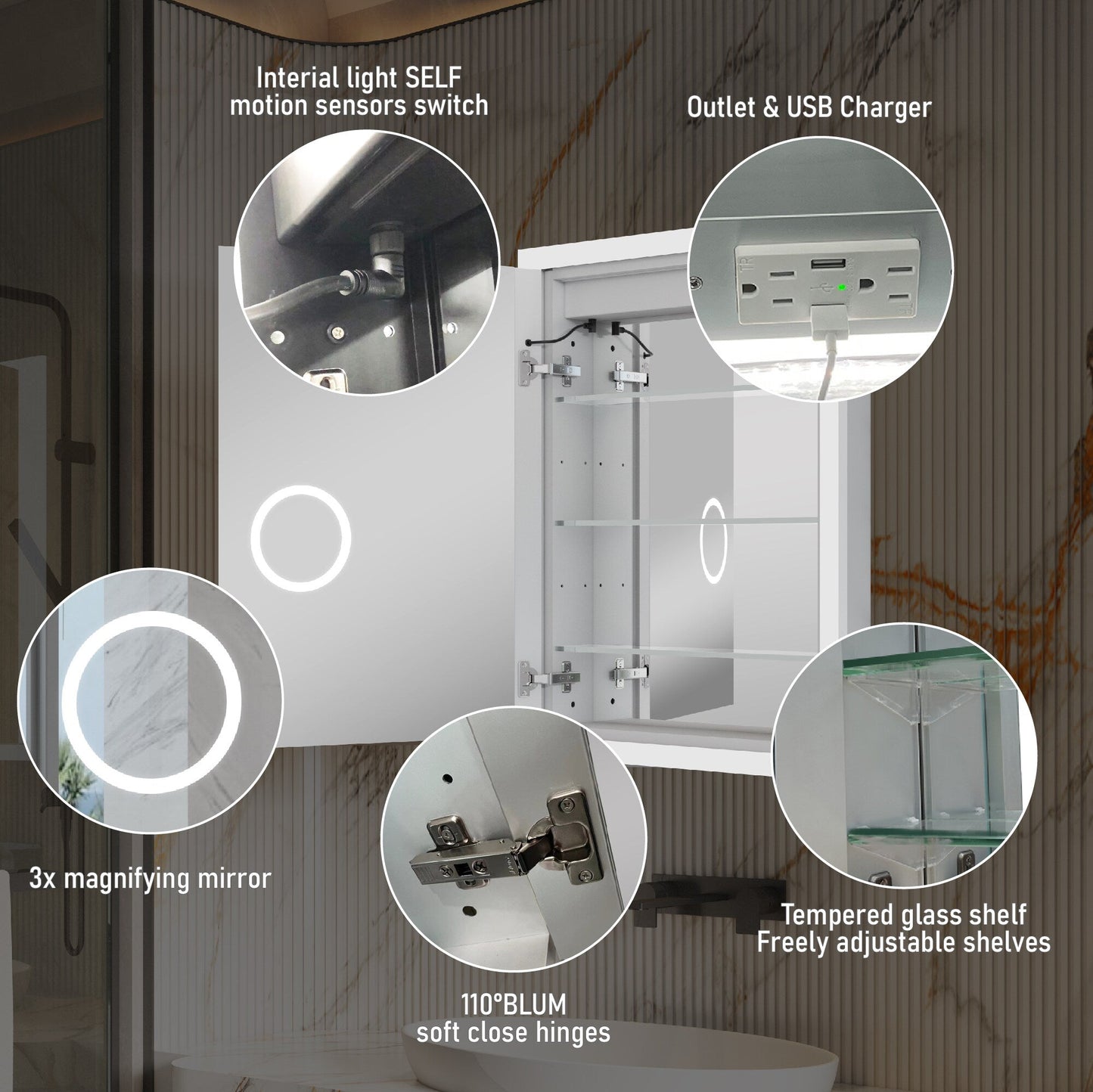 Forclover 24-in x 32-in Lighted LED Fog Free Surface/Recessed Mount Silver Mirrored Soft Close Medicine Cabinet with Outlet