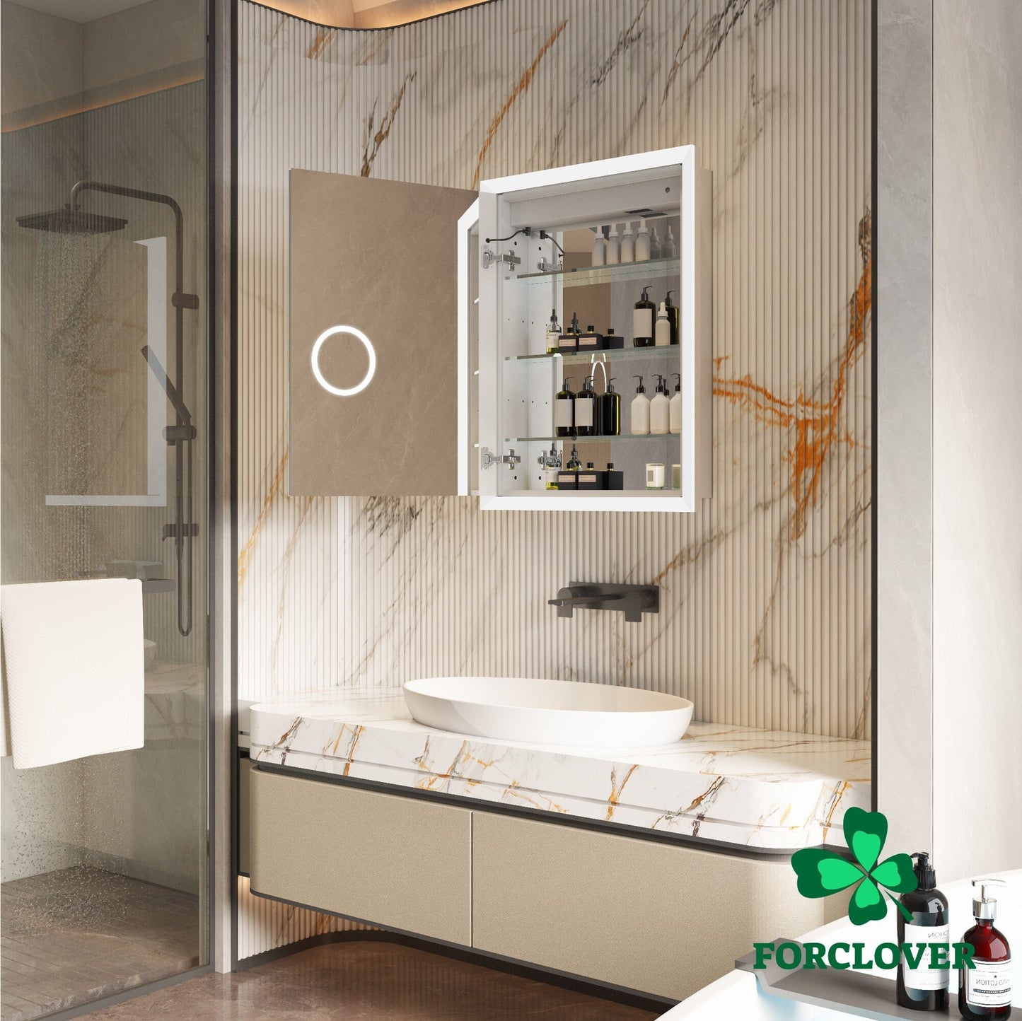 Forclover 24-in x 32-in Lighted LED Fog Free Surface/Recessed Mount Silver Mirrored Soft Close Medicine Cabinet with Outlet