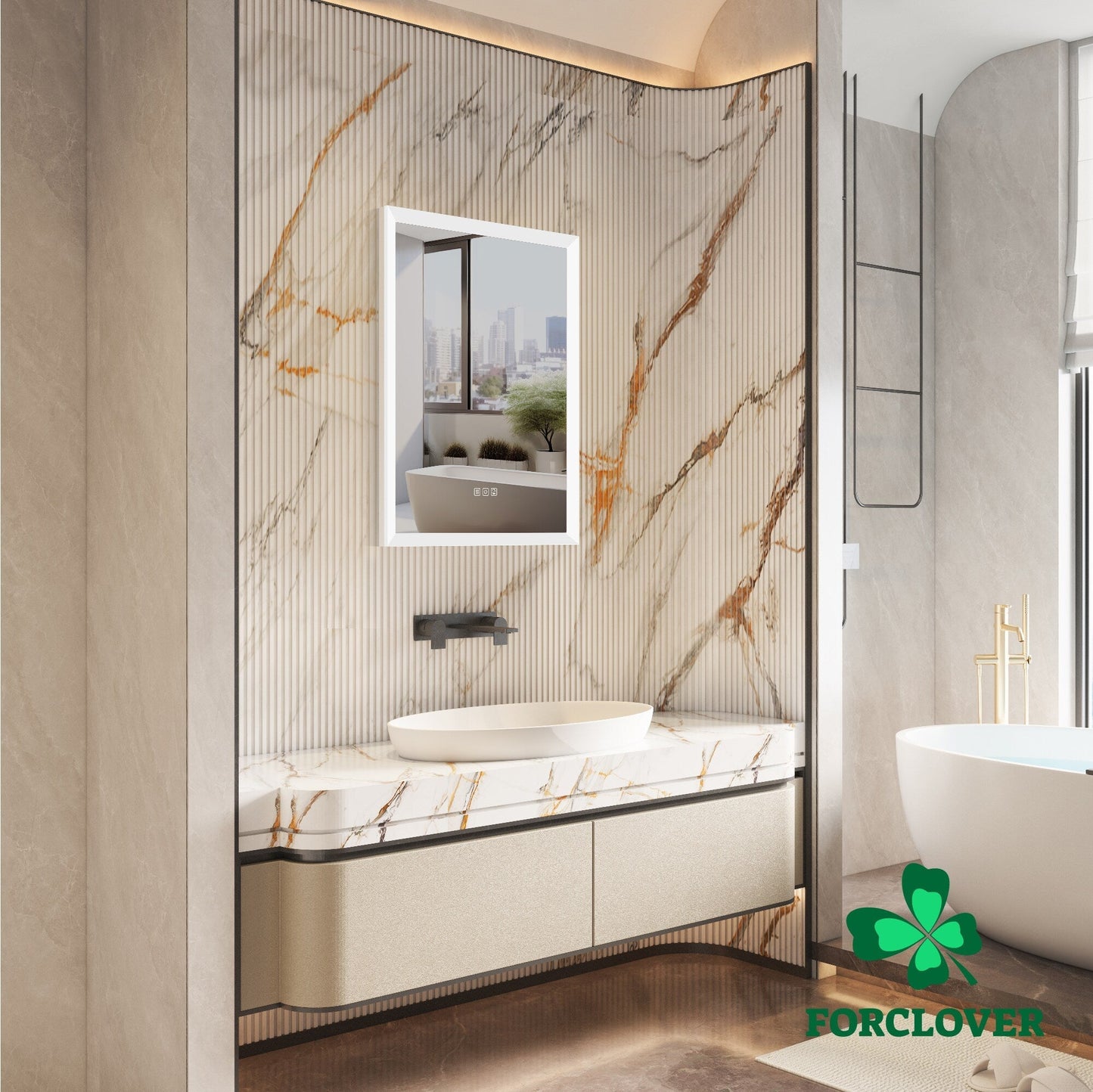 Forclover 24-in x 32-in Lighted LED Fog Free Surface/Recessed Mount Silver Mirrored Soft Close Medicine Cabinet with Outlet