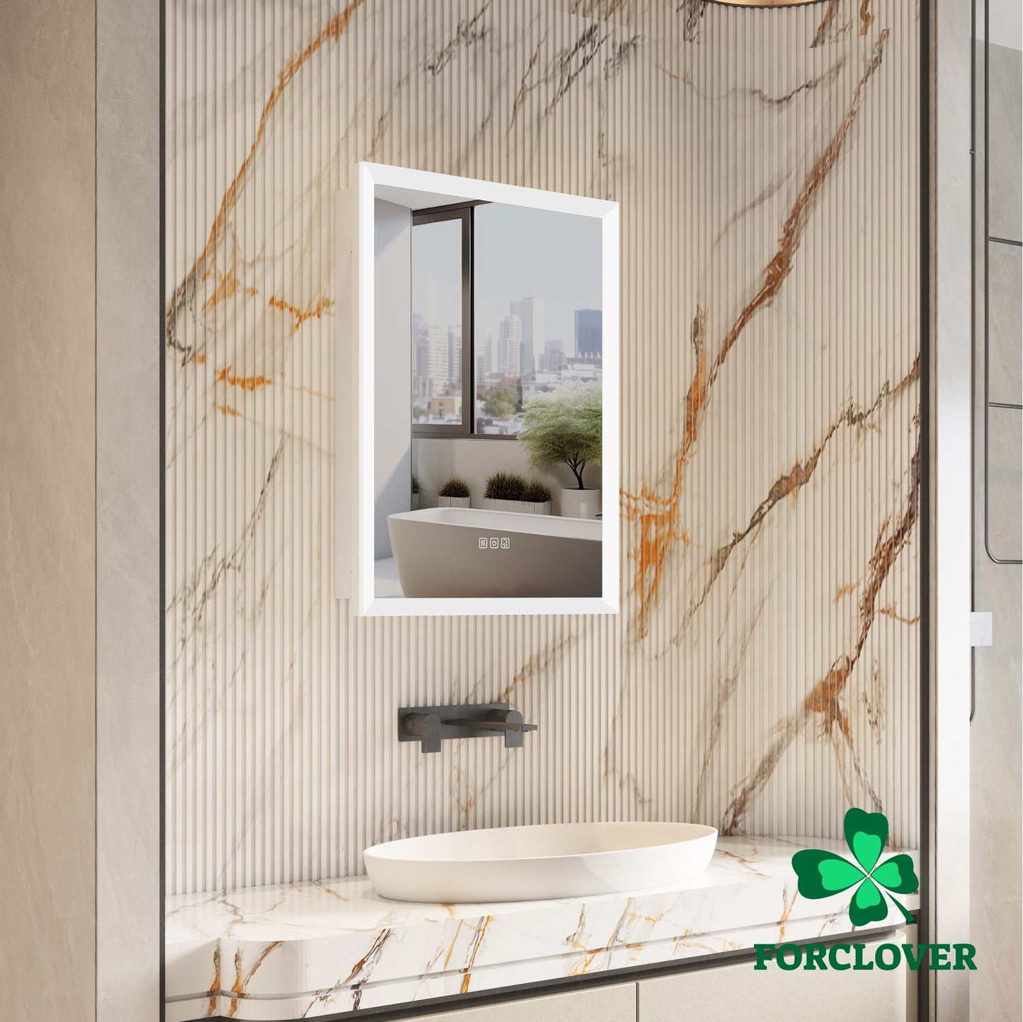 Forclover 24-in x 32-in Lighted LED Fog Free Surface/Recessed Mount Silver Mirrored Soft Close Medicine Cabinet with Outlet