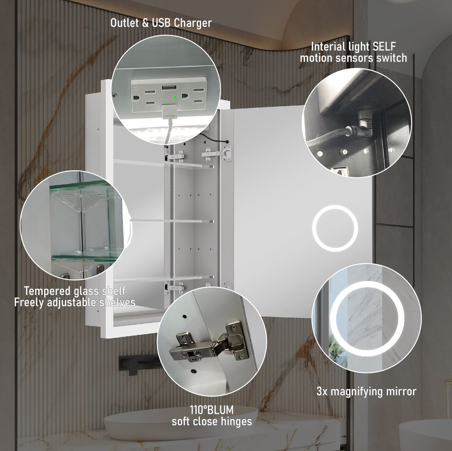 Forclover 24-in x 32-in Lighted LED Fog Free Surface/Recessed Mount Silver Mirrored Soft Close Medicine Cabinet with Outlet