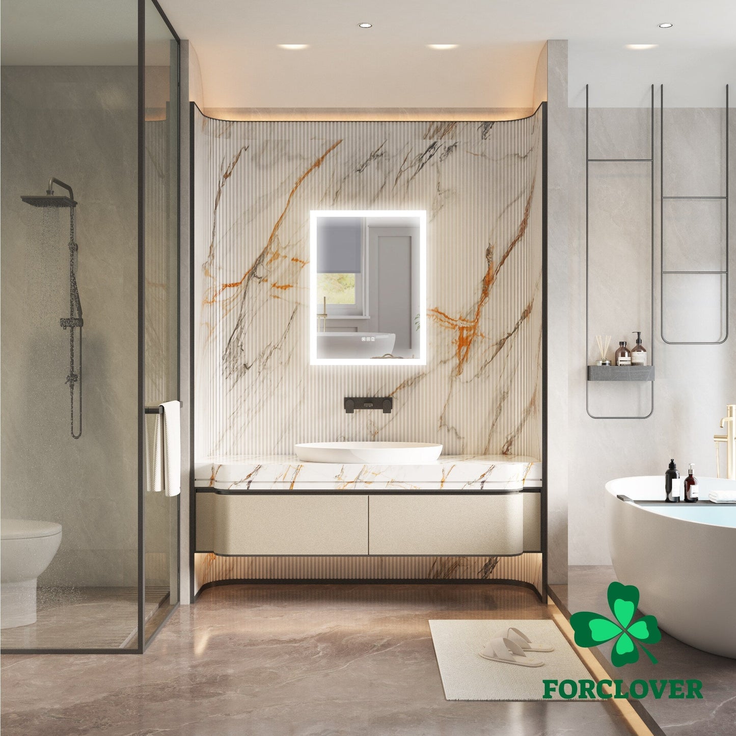 Forclover 24-in x 32-in Lighted LED Fog Free Surface/Recessed Mount Silver Mirrored Soft Close Medicine Cabinet with Outlet