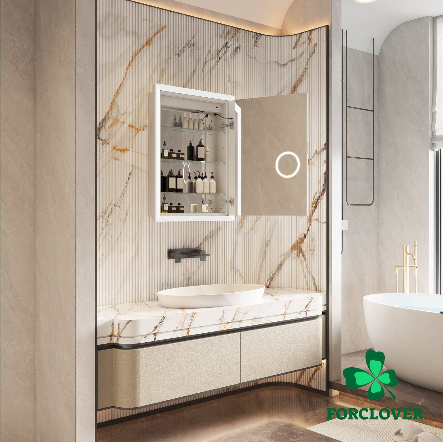 Forclover 24-in x 32-in Lighted LED Fog Free Surface/Recessed Mount Silver Mirrored Soft Close Medicine Cabinet with Outlet