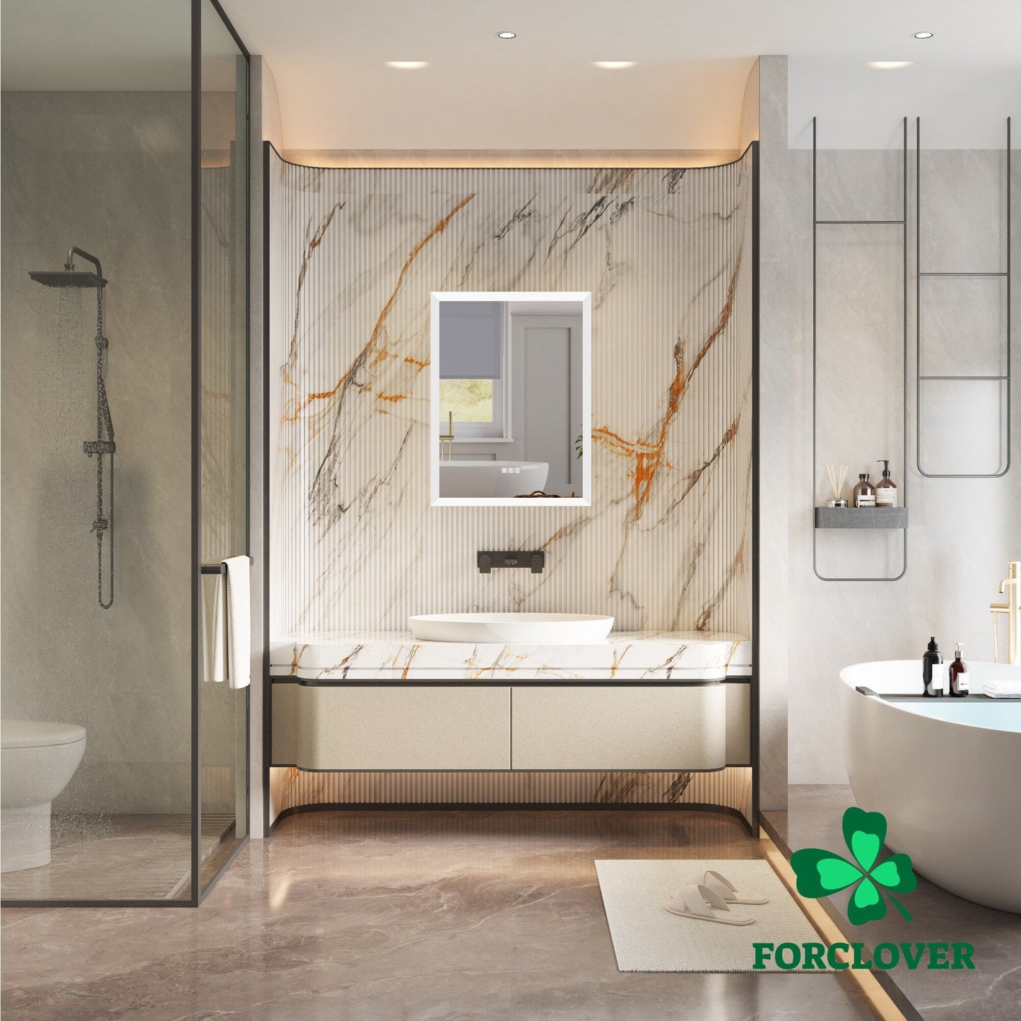 Forclover 24-in x 32-in Lighted LED Fog Free Surface/Recessed Mount Silver Mirrored Soft Close Medicine Cabinet with Outlet