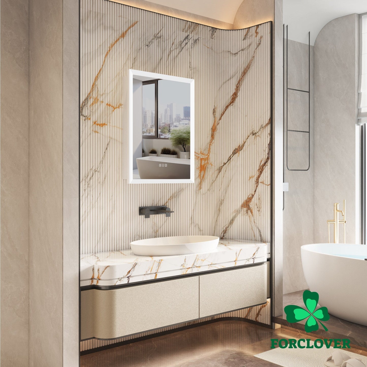 Forclover 24-in x 32-in Lighted LED Fog Free Surface/Recessed Mount Silver Mirrored Soft Close Medicine Cabinet with Outlet