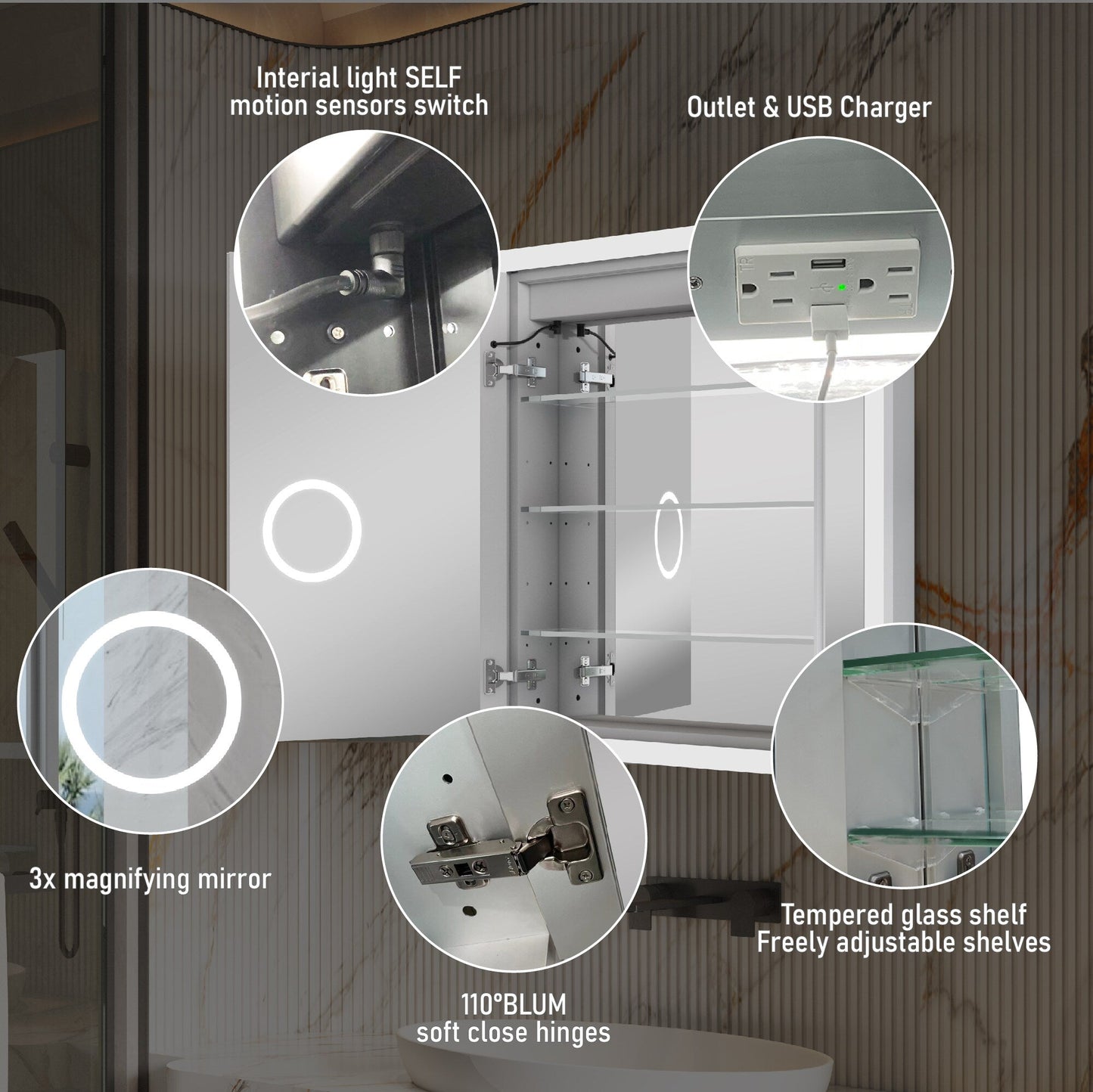 Forclover 30-in x 32-in Lighted LED Fog Free Surface/Recessed Mount Silver Mirrored Soft Close Medicine Cabinet with Outlet
