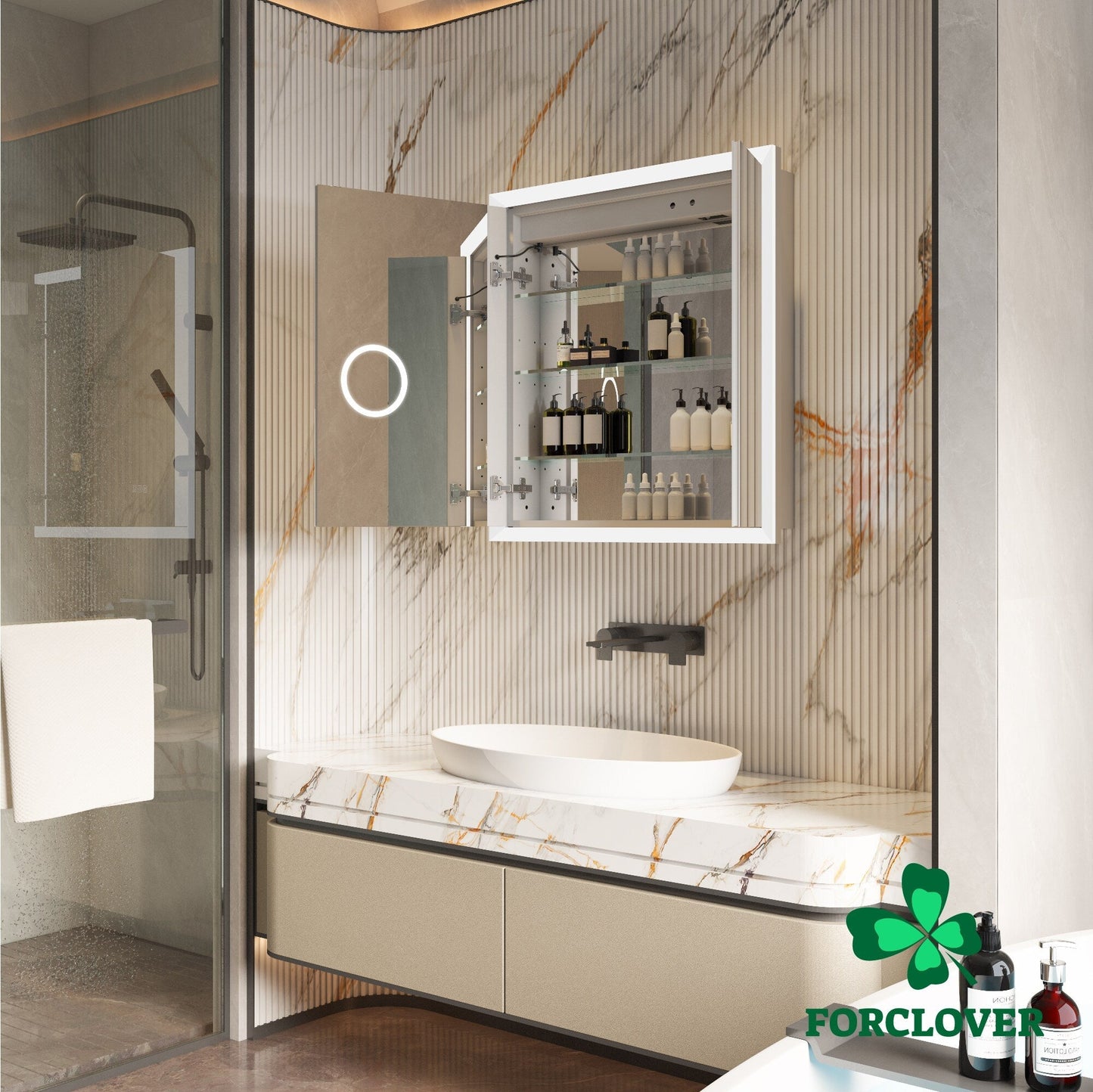 Forclover 30-in x 32-in Lighted LED Fog Free Surface/Recessed Mount Silver Mirrored Soft Close Medicine Cabinet with Outlet