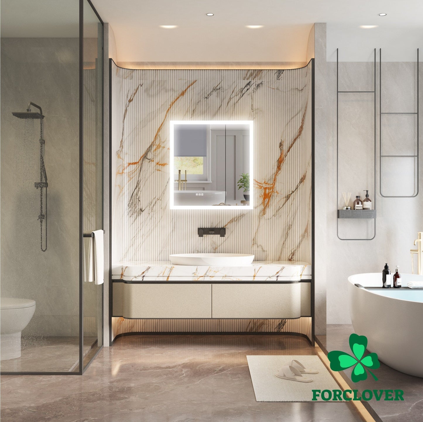 Forclover 30-in x 32-in Lighted LED Fog Free Surface/Recessed Mount Silver Mirrored Soft Close Medicine Cabinet with Outlet