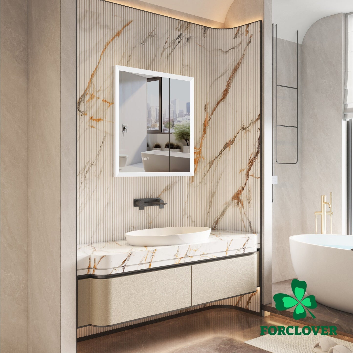 Forclover 30-in x 32-in Lighted LED Fog Free Surface/Recessed Mount Silver Mirrored Soft Close Medicine Cabinet with Outlet