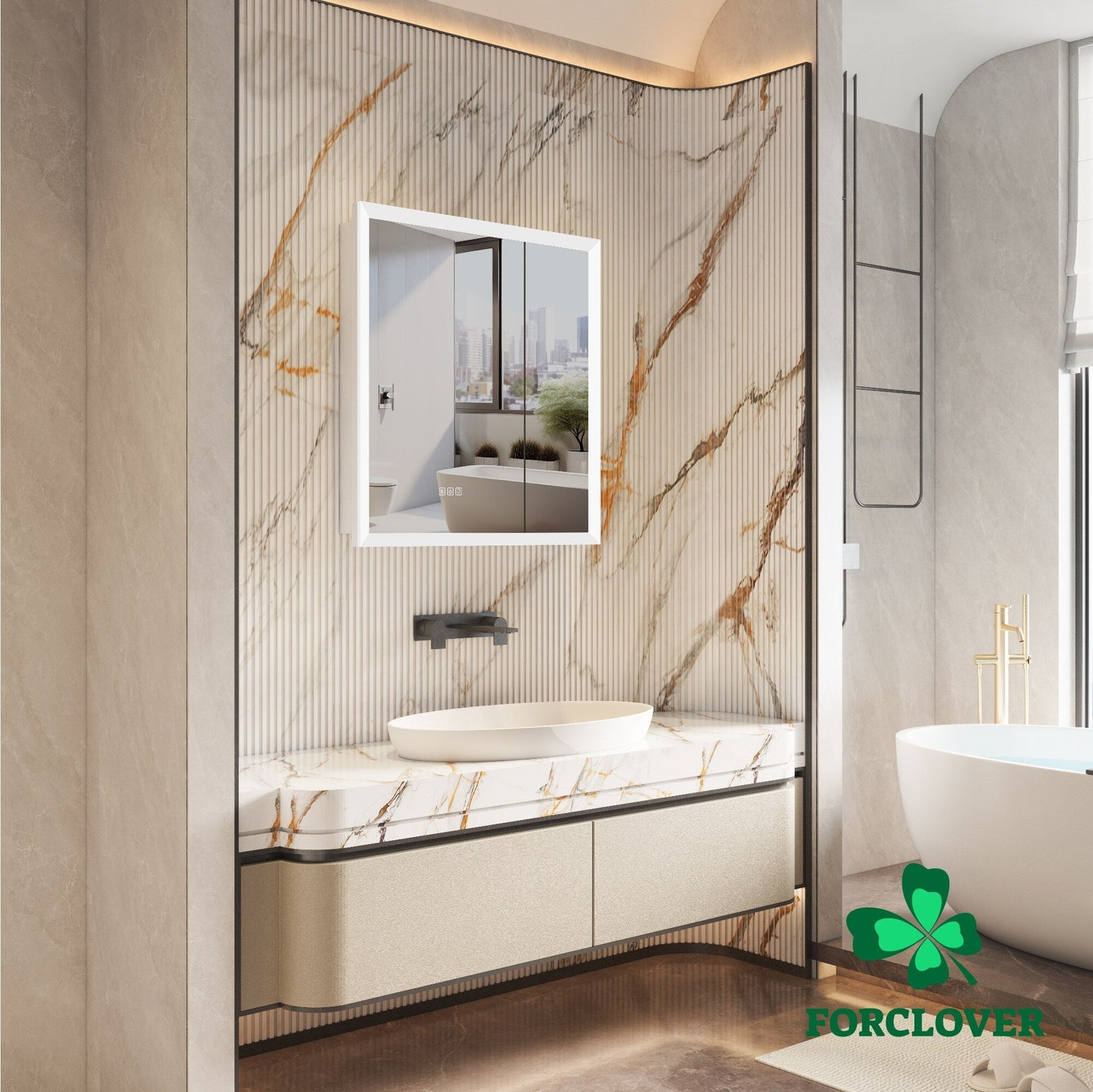 Forclover 30-in x 32-in Lighted LED Fog Free Surface/Recessed Mount Silver Mirrored Soft Close Medicine Cabinet with Outlet