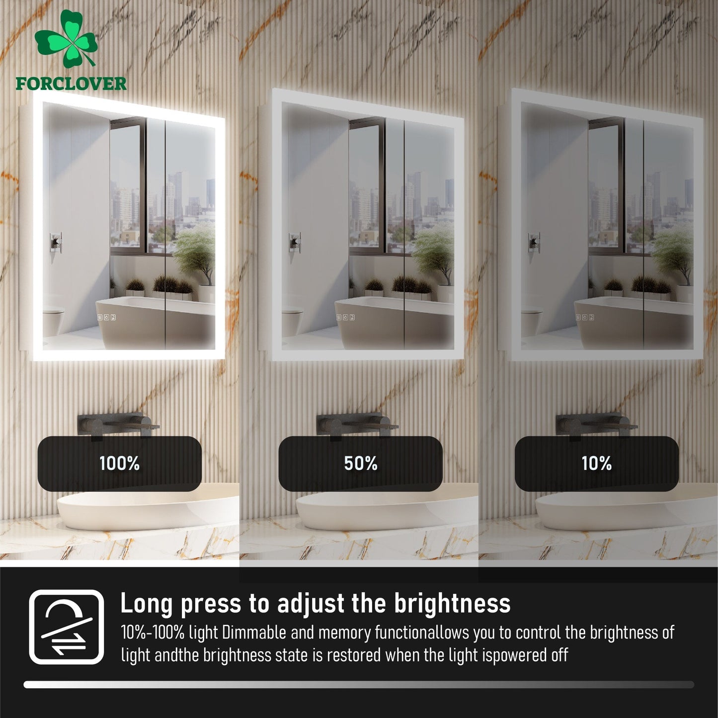 Forclover 30-in x 32-in Lighted LED Fog Free Surface/Recessed Mount Silver Mirrored Soft Close Medicine Cabinet with Outlet