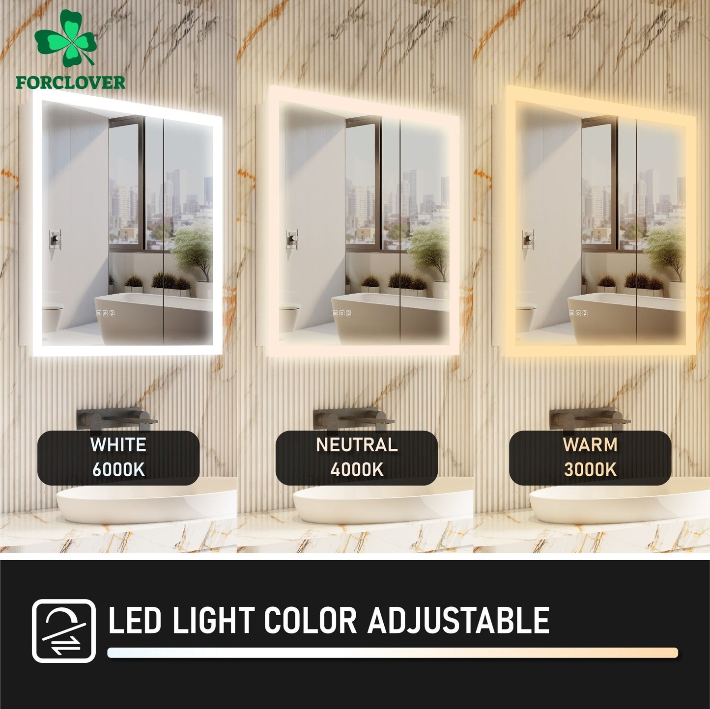 Forclover 30-in x 32-in Lighted LED Fog Free Surface/Recessed Mount Silver Mirrored Soft Close Medicine Cabinet with Outlet