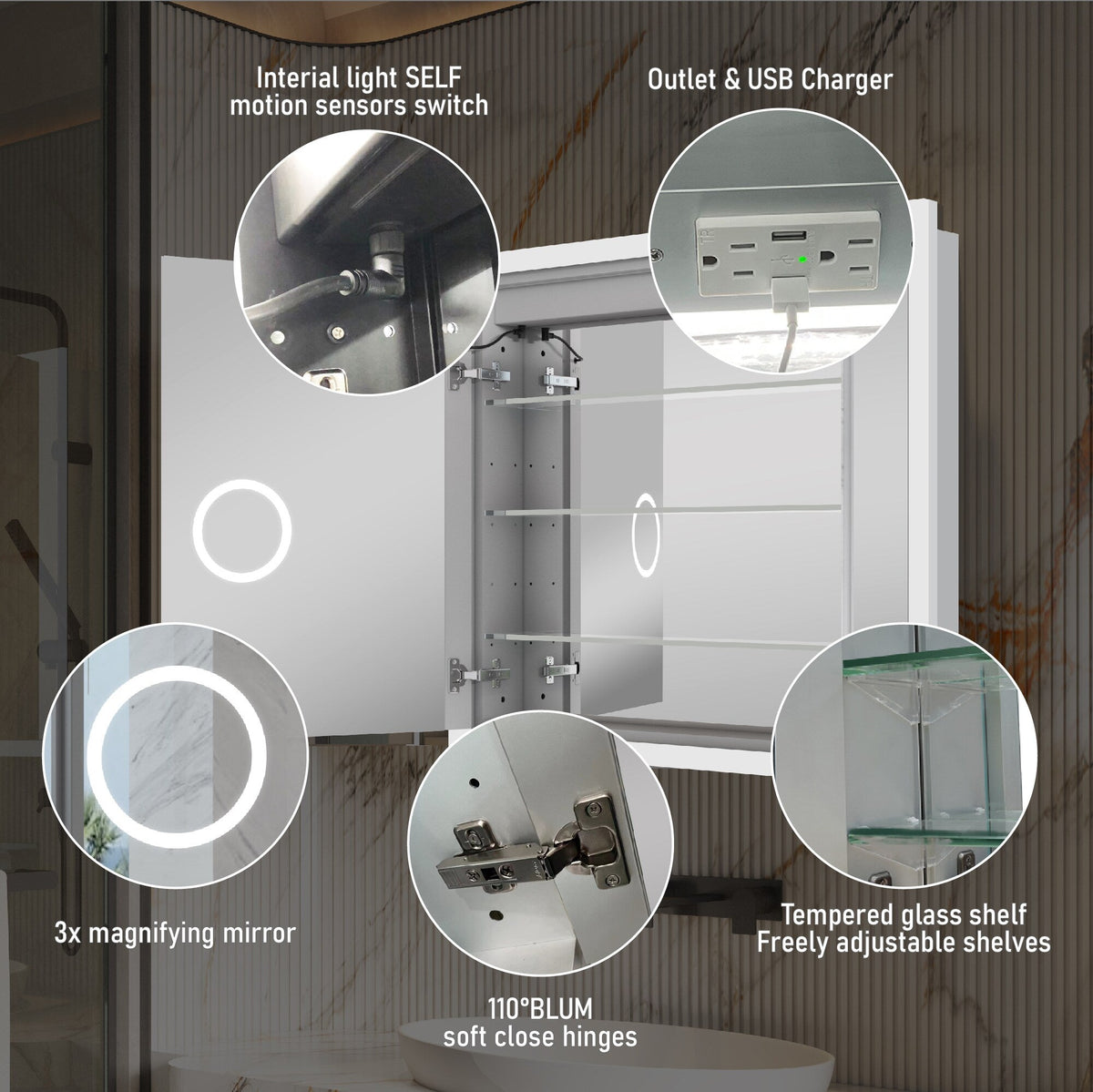 Forclover 36-in x 32-in Lighted LED Fog Free Surface/Recessed Mount Silver Mirrored Soft Close Medicine Cabinet with Outlet