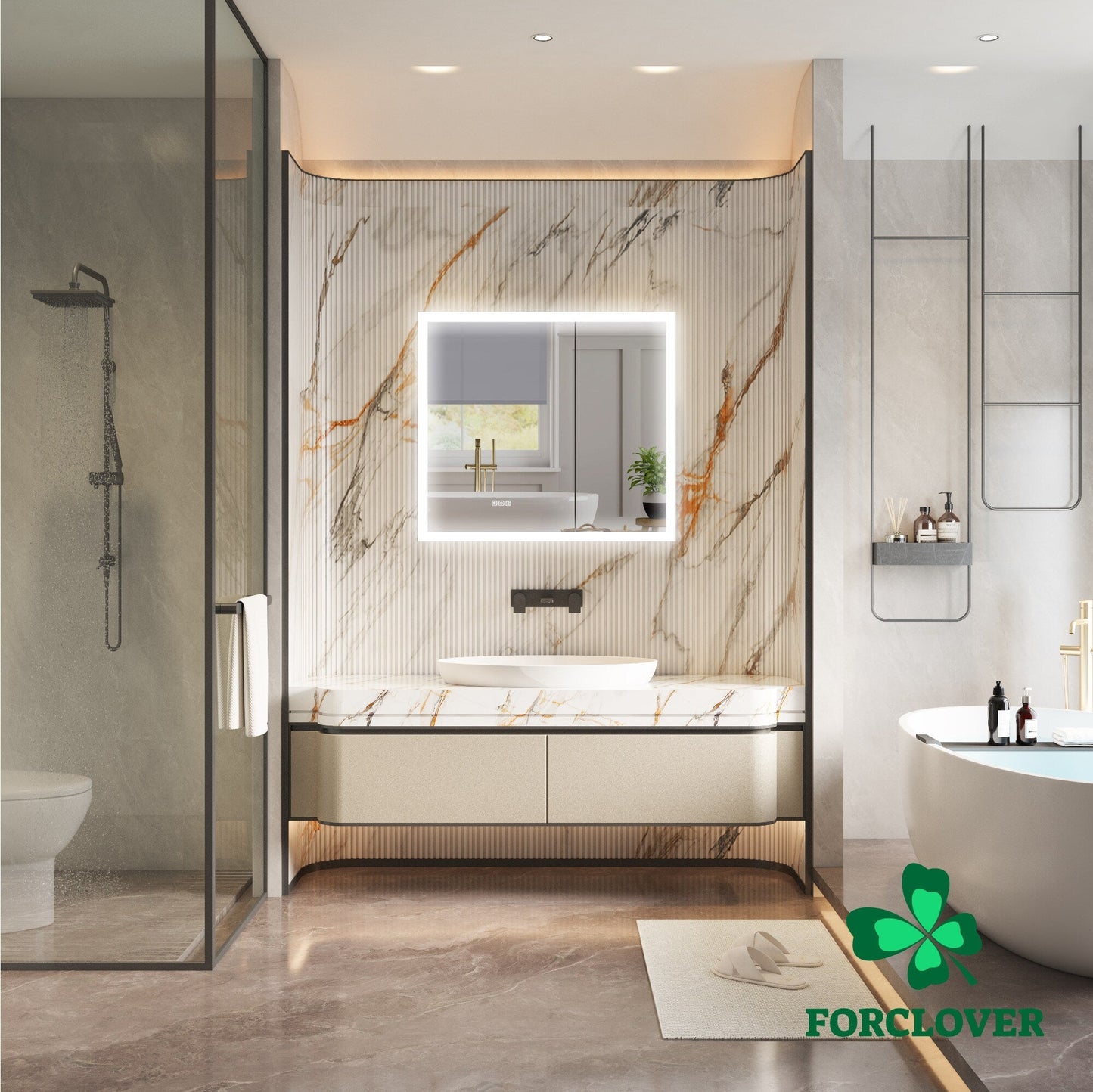 Forclover 36-in x 32-in Lighted LED Fog Free Surface/Recessed Mount Silver Mirrored Soft Close Medicine Cabinet with Outlet
