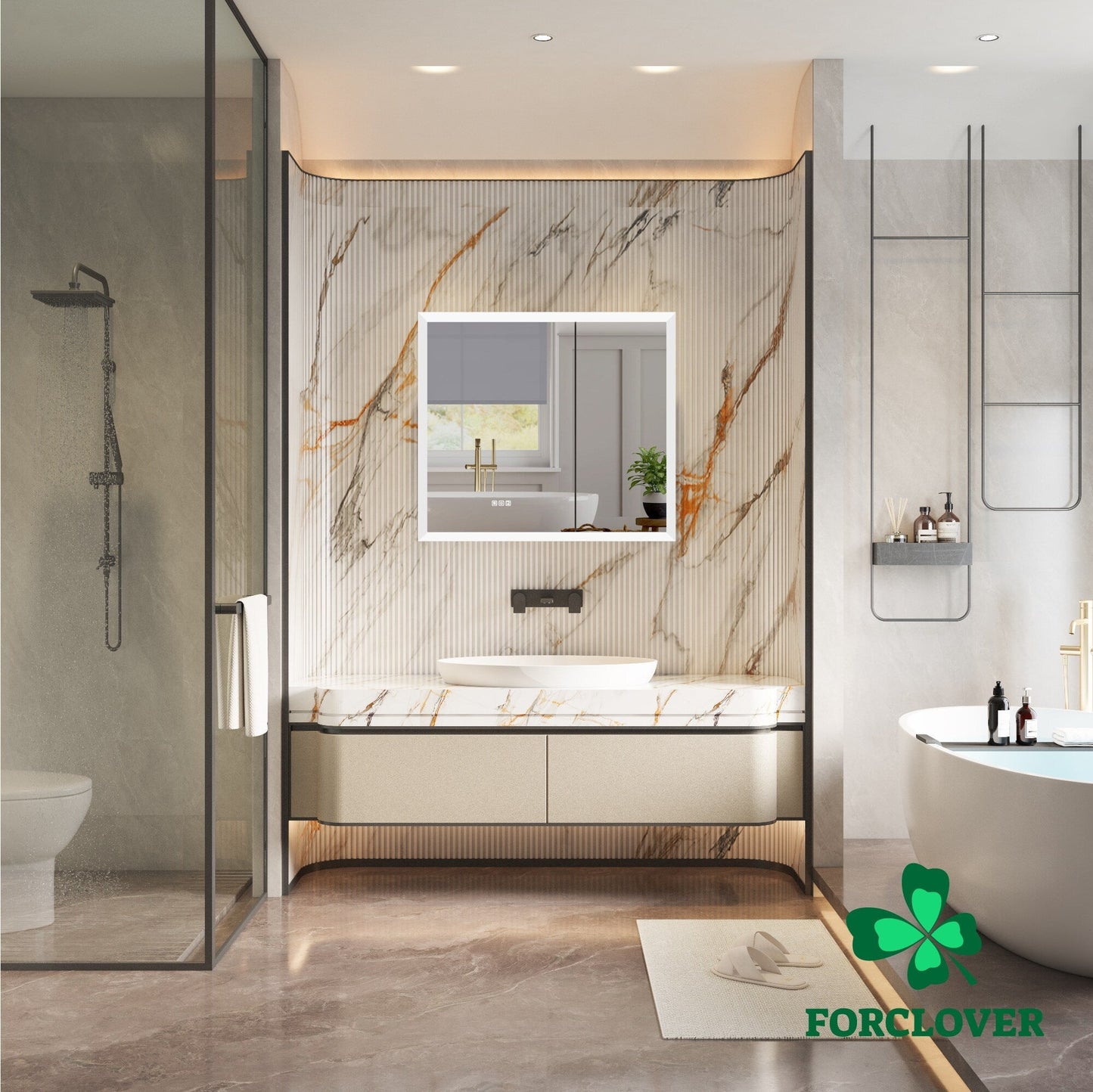 Forclover 36-in x 32-in Lighted LED Fog Free Surface/Recessed Mount Silver Mirrored Soft Close Medicine Cabinet with Outlet