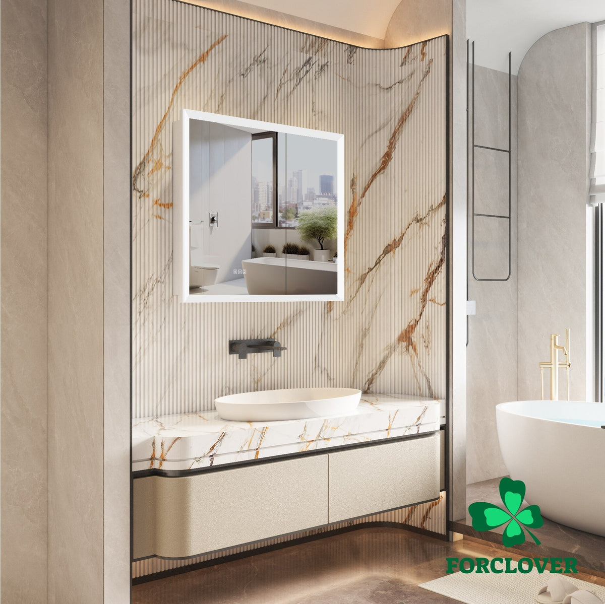 Forclover 36-in x 32-in Lighted LED Fog Free Surface/Recessed Mount Silver Mirrored Soft Close Medicine Cabinet with Outlet