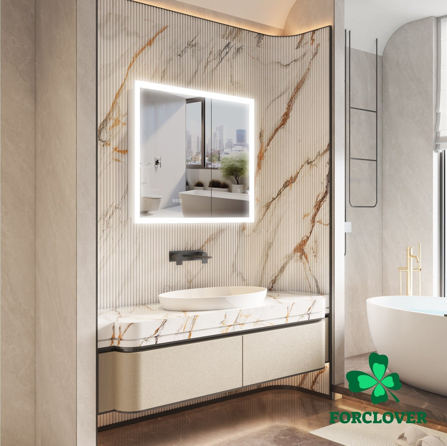 Forclover 36-in x 32-in Lighted LED Fog Free Surface/Recessed Mount Silver Mirrored Soft Close Medicine Cabinet with Outlet