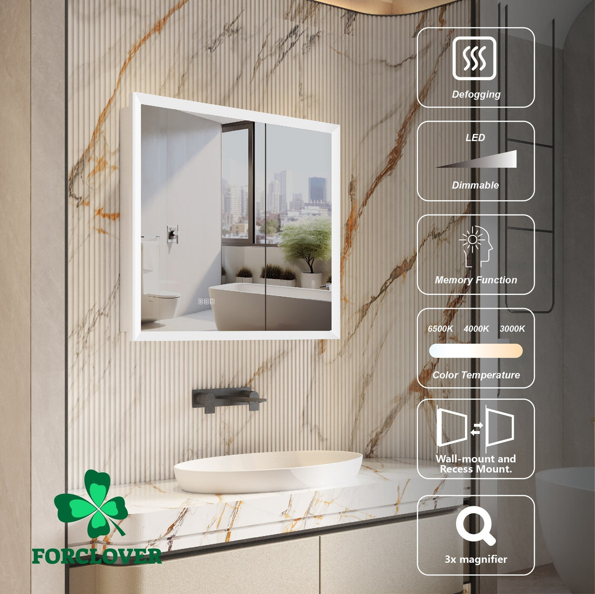 Forclover 36-in x 32-in Lighted LED Fog Free Surface/Recessed Mount Silver Mirrored Soft Close Medicine Cabinet with Outlet