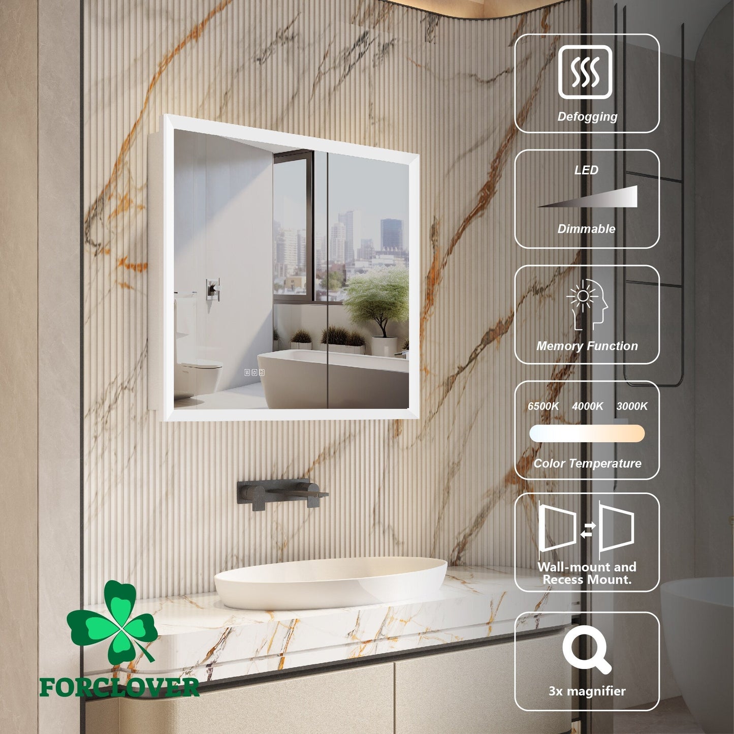 Forclover 36-in x 32-in Lighted LED Fog Free Surface/Recessed Mount Silver Mirrored Soft Close Medicine Cabinet with Outlet