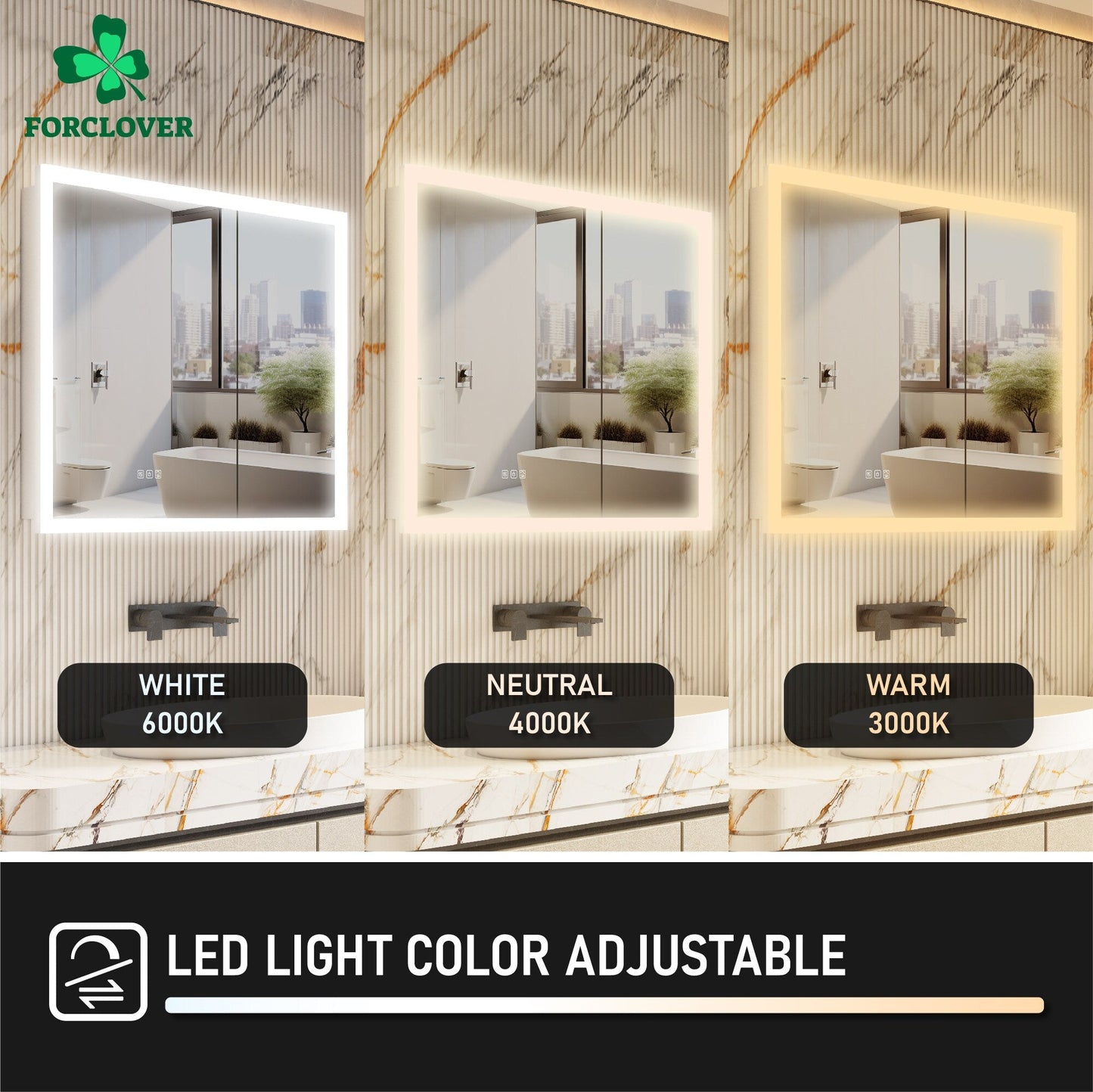 Forclover 36-in x 32-in Lighted LED Fog Free Surface/Recessed Mount Silver Mirrored Soft Close Medicine Cabinet with Outlet