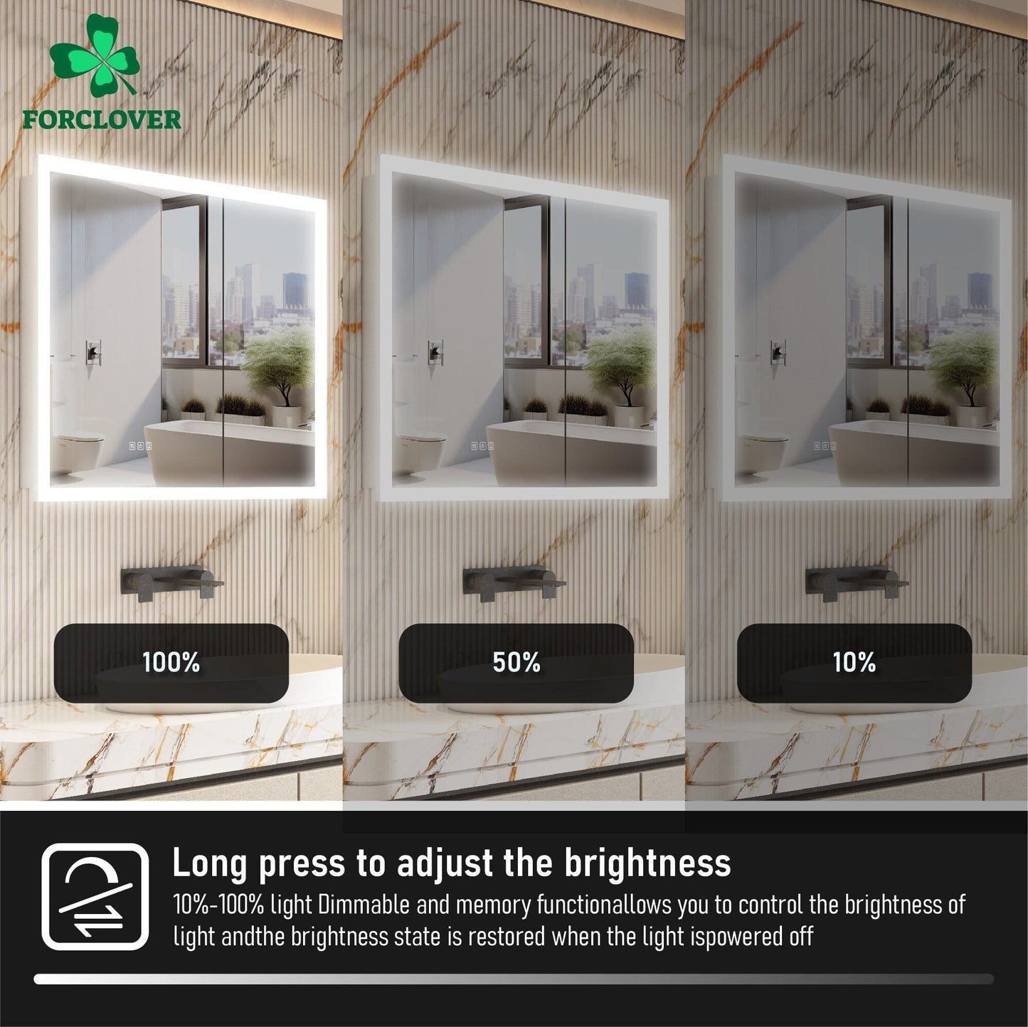 Forclover 36-in x 32-in Lighted LED Fog Free Surface/Recessed Mount Silver Mirrored Soft Close Medicine Cabinet with Outlet
