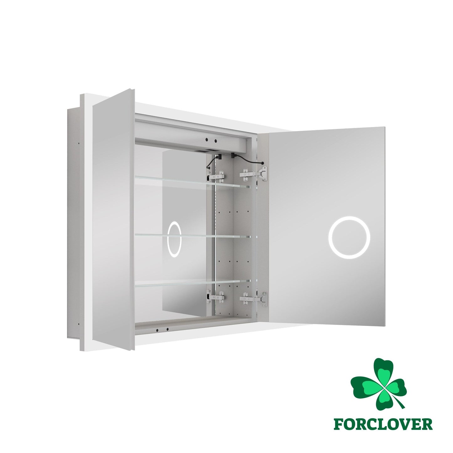 Forclover 48-in x 32-in Lighted LED Fog Free Surface/Recessed Mount Silver Mirrored Soft Close Medicine Cabinet with Outlet