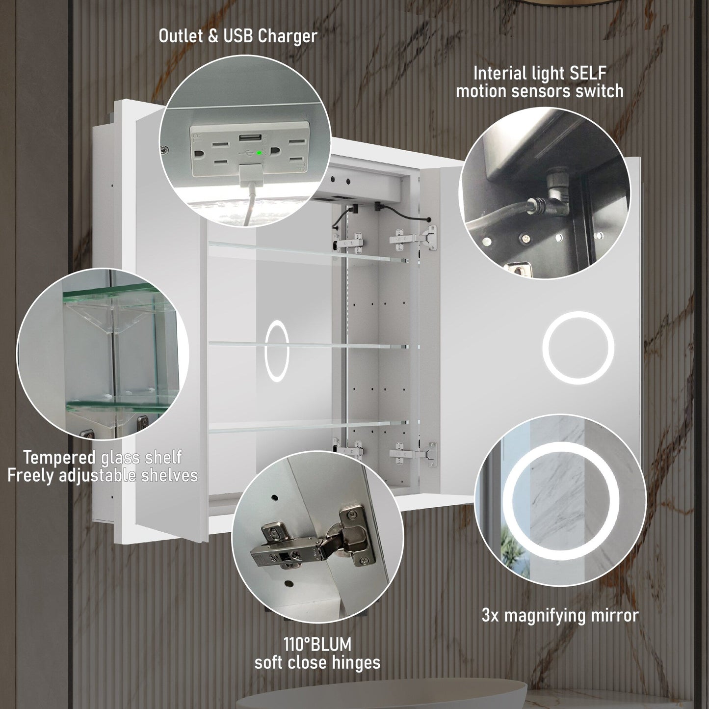 Forclover 48-in x 32-in Lighted LED Fog Free Surface/Recessed Mount Silver Mirrored Soft Close Medicine Cabinet with Outlet