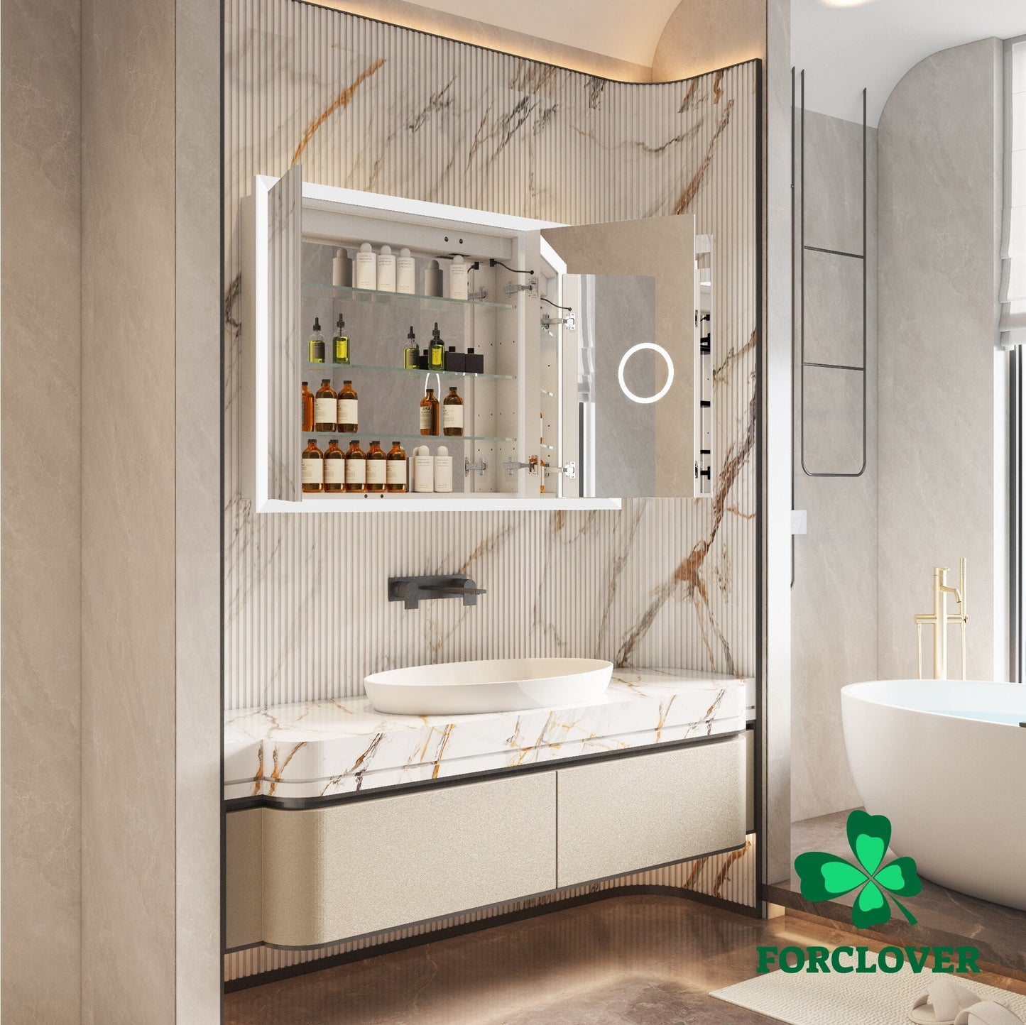 Forclover 48-in x 32-in Lighted LED Fog Free Surface/Recessed Mount Silver Mirrored Soft Close Medicine Cabinet with Outlet