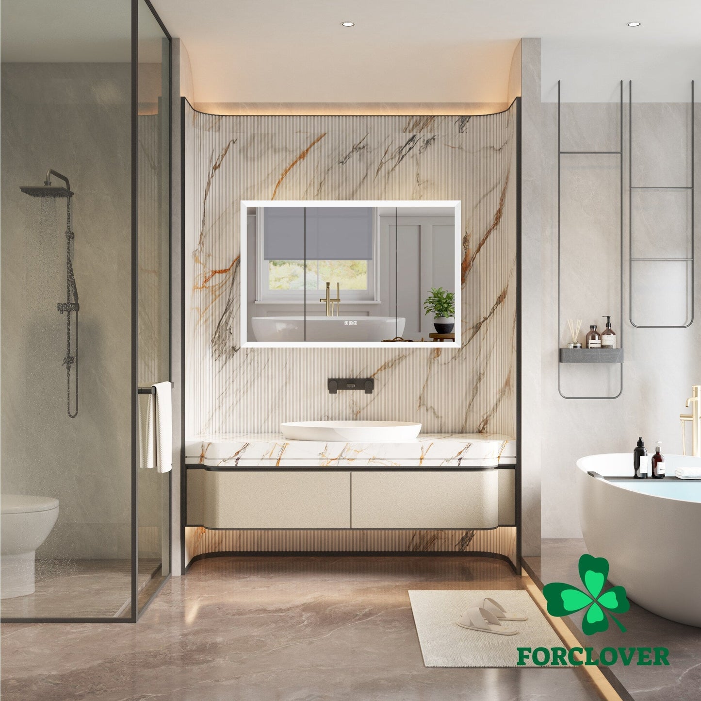 Forclover 48-in x 32-in Lighted LED Fog Free Surface/Recessed Mount Silver Mirrored Soft Close Medicine Cabinet with Outlet