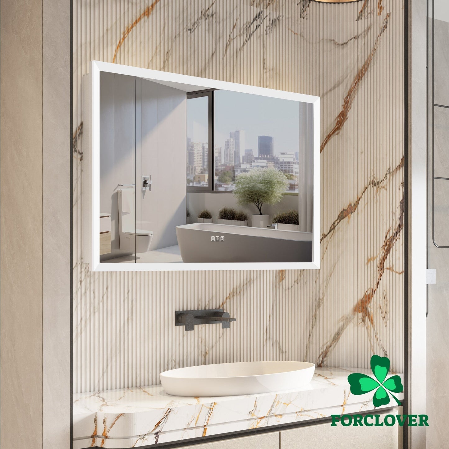 Forclover 48-in x 32-in Lighted LED Fog Free Surface/Recessed Mount Silver Mirrored Soft Close Medicine Cabinet with Outlet