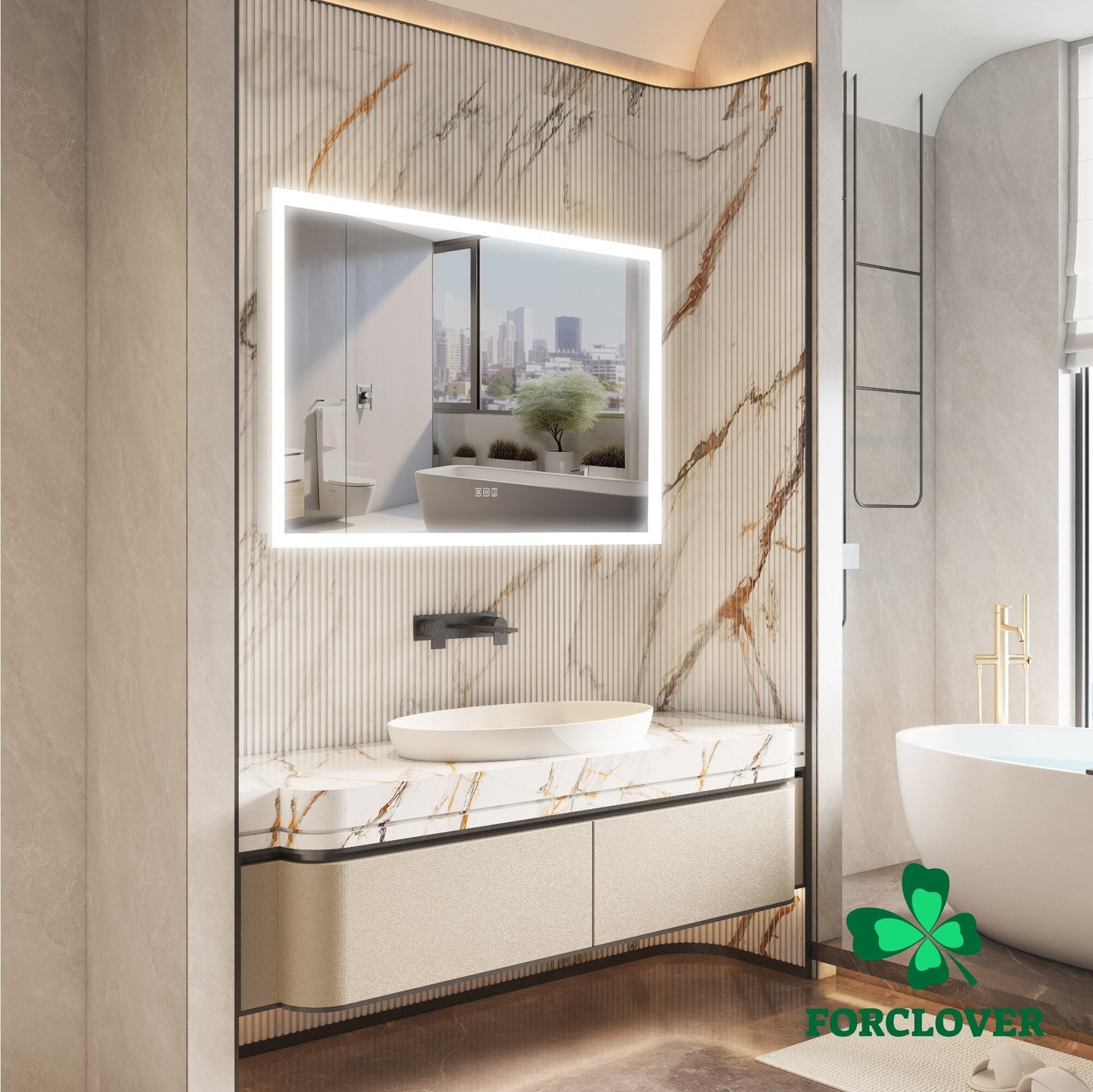 Forclover 48-in x 32-in Lighted LED Fog Free Surface/Recessed Mount Silver Mirrored Soft Close Medicine Cabinet with Outlet