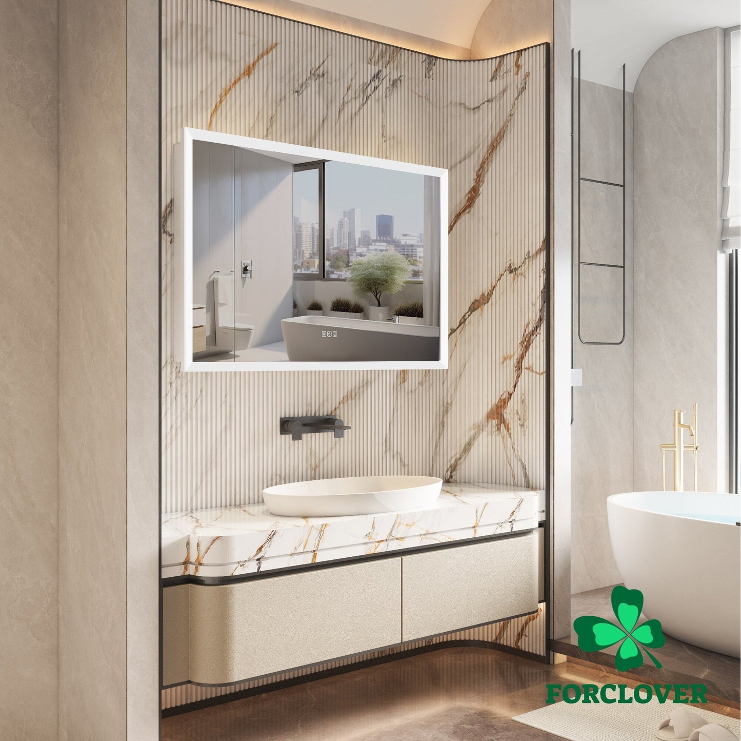 Forclover 48-in x 32-in Lighted LED Fog Free Surface/Recessed Mount Silver Mirrored Soft Close Medicine Cabinet with Outlet