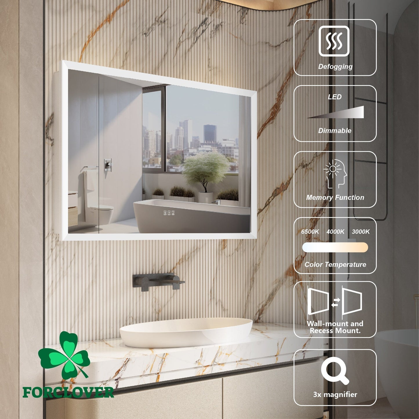 Forclover 48-in x 32-in Lighted LED Fog Free Surface/Recessed Mount Silver Mirrored Soft Close Medicine Cabinet with Outlet