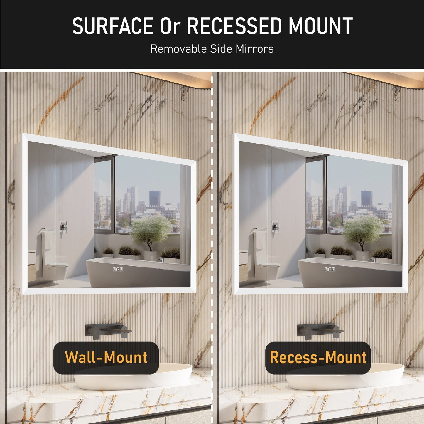 Forclover 48-in x 32-in Lighted LED Fog Free Surface/Recessed Mount Silver Mirrored Soft Close Medicine Cabinet with Outlet