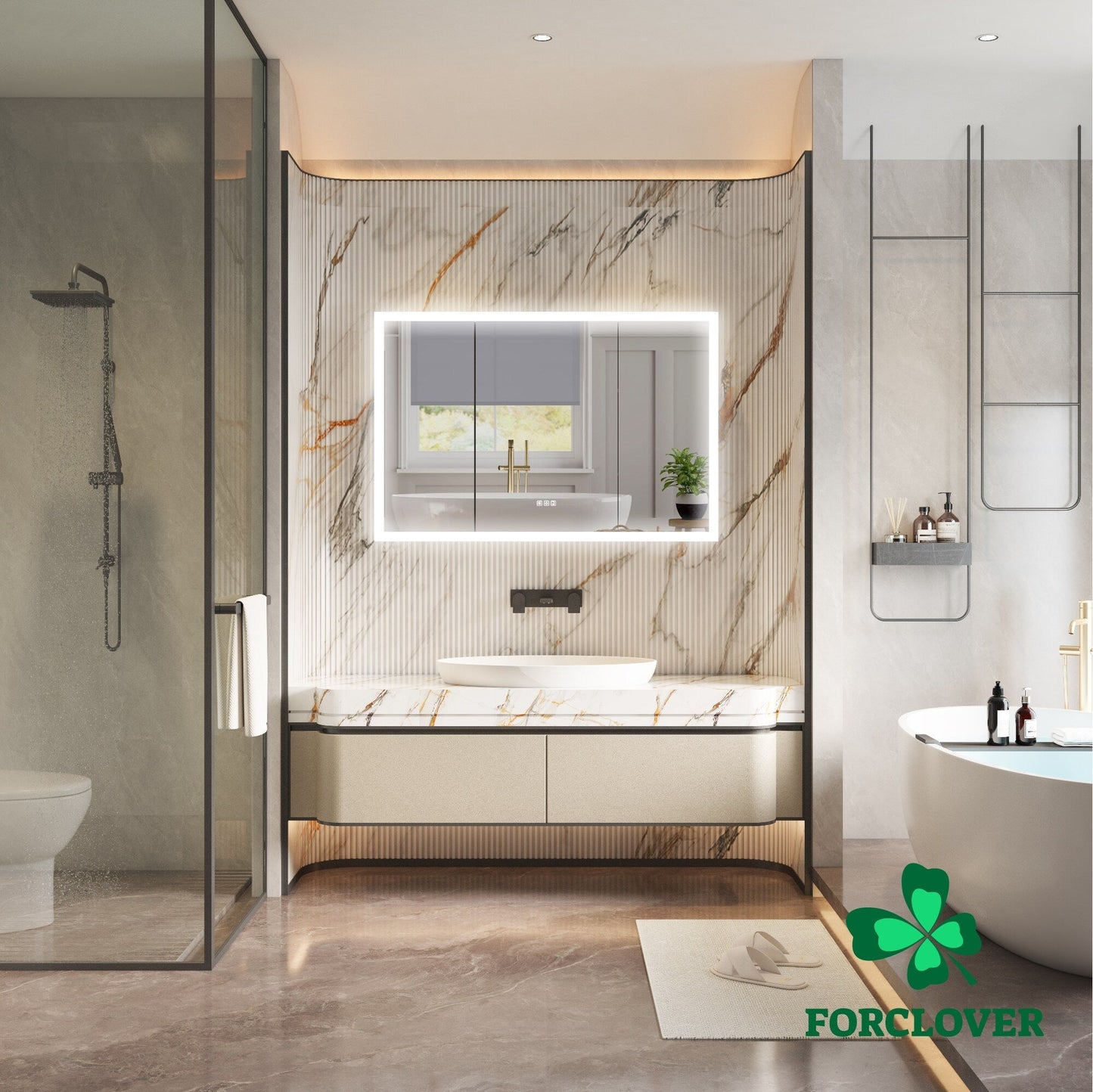 Forclover 48-in x 32-in Lighted LED Fog Free Surface/Recessed Mount Silver Mirrored Soft Close Medicine Cabinet with Outlet