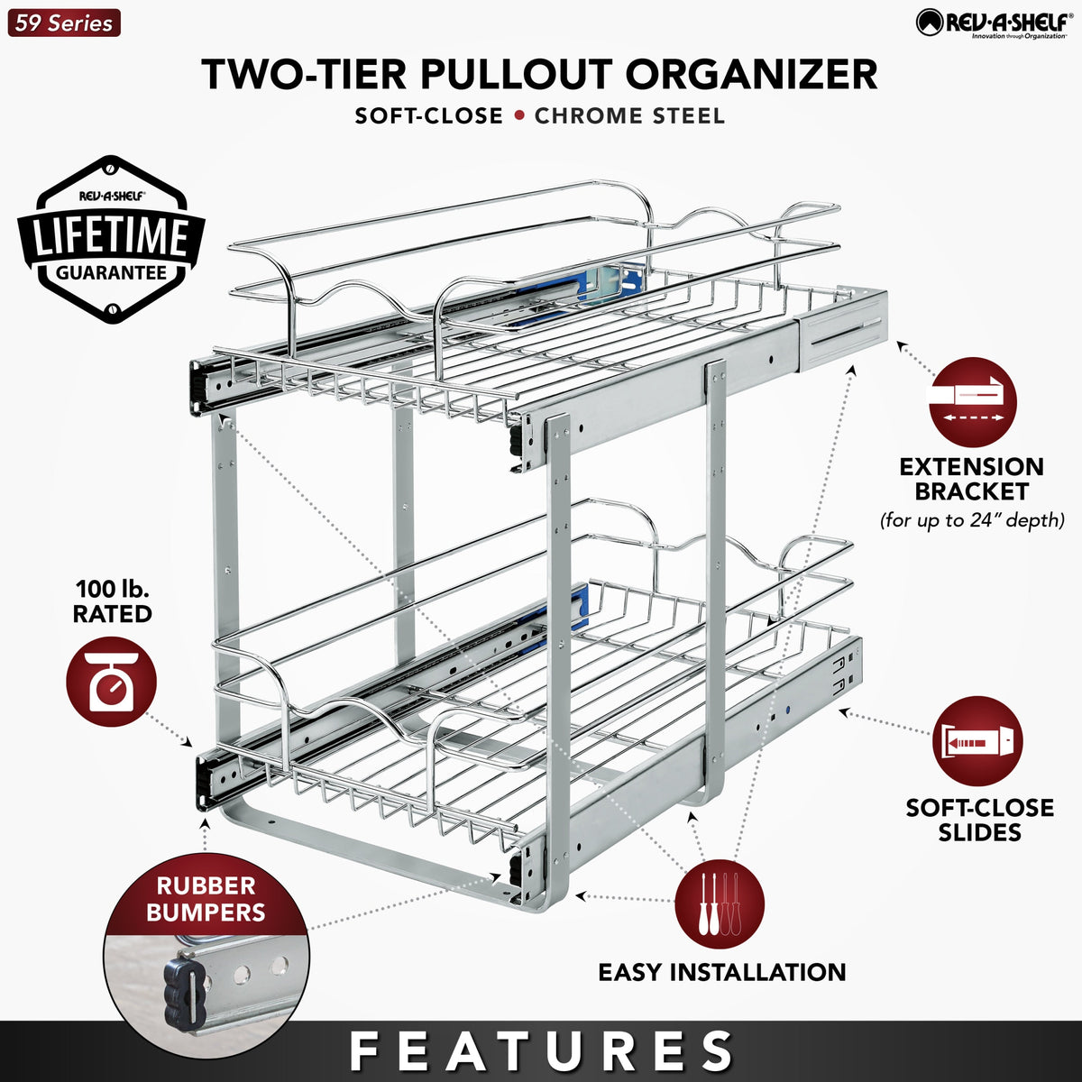Rev-A-Shelf 11.75-in W x 19-in H Two-Tier Pull-Out Chrome Metal Basket with Soft-Close Slides, 22-in D